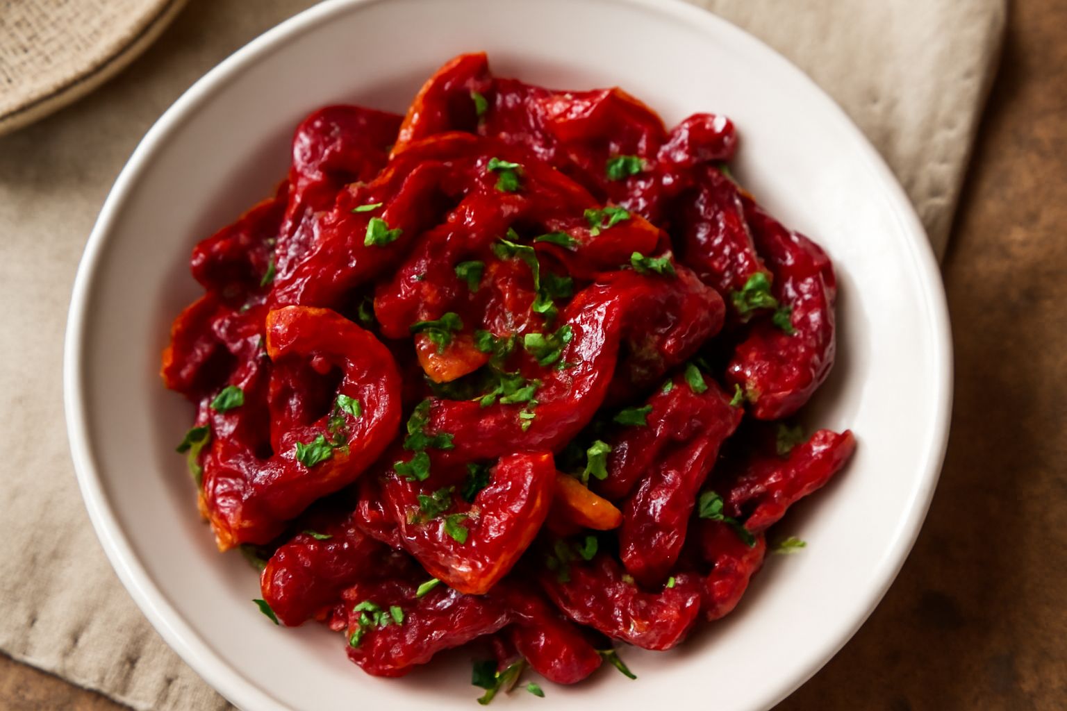 Peperoni cruschi rossi e gialli saltati in padella, lucidi di olio, con spicchi d'aglio dorato e prezzemolo fresco, serviti in un piatto bianco fondo