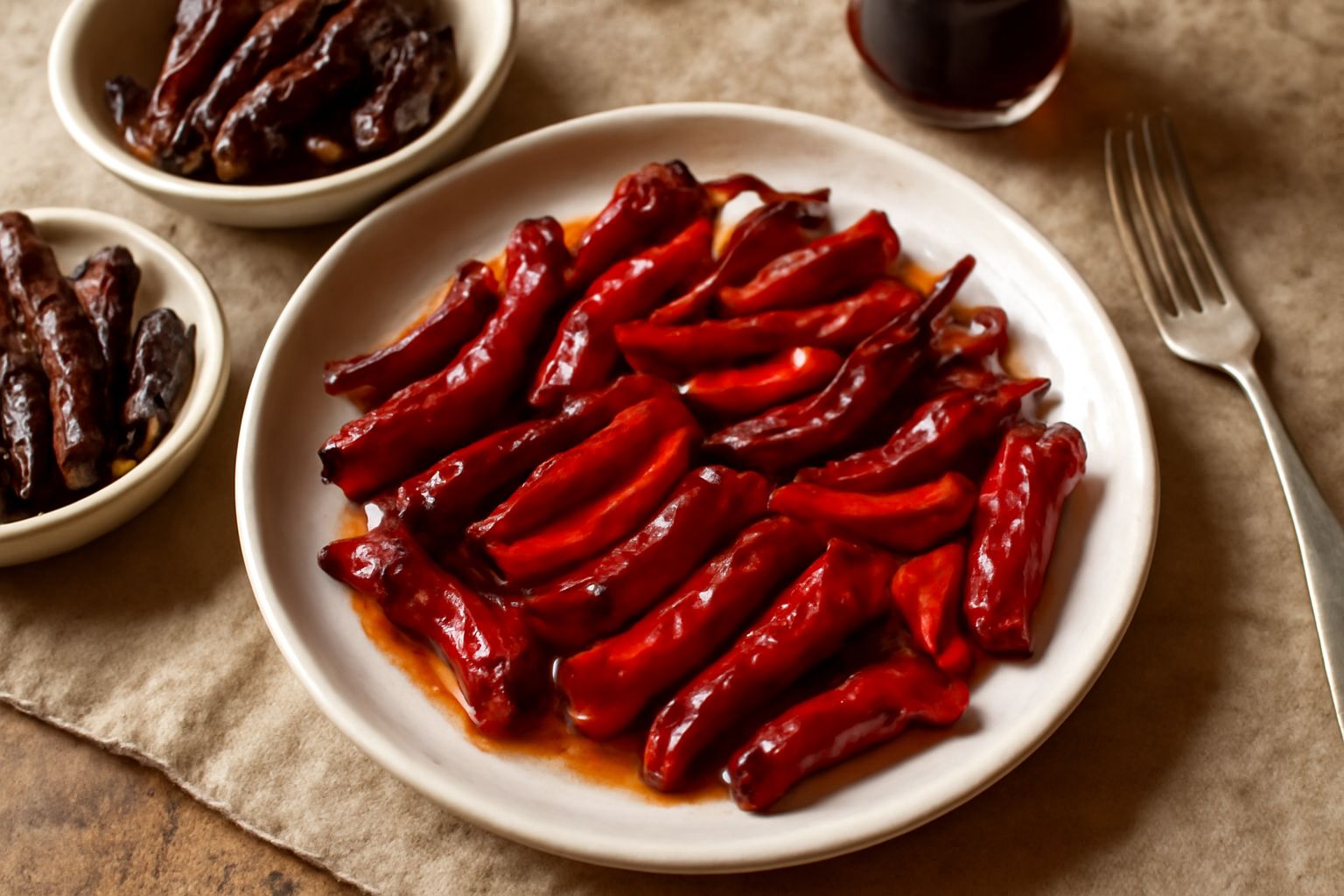 Peperoni cruschi rossi scuro, raggrinziti e lucidi, disposti su un piatto bianco con accanto una ciotola di acqua tiepida e un cucchiaio di legno