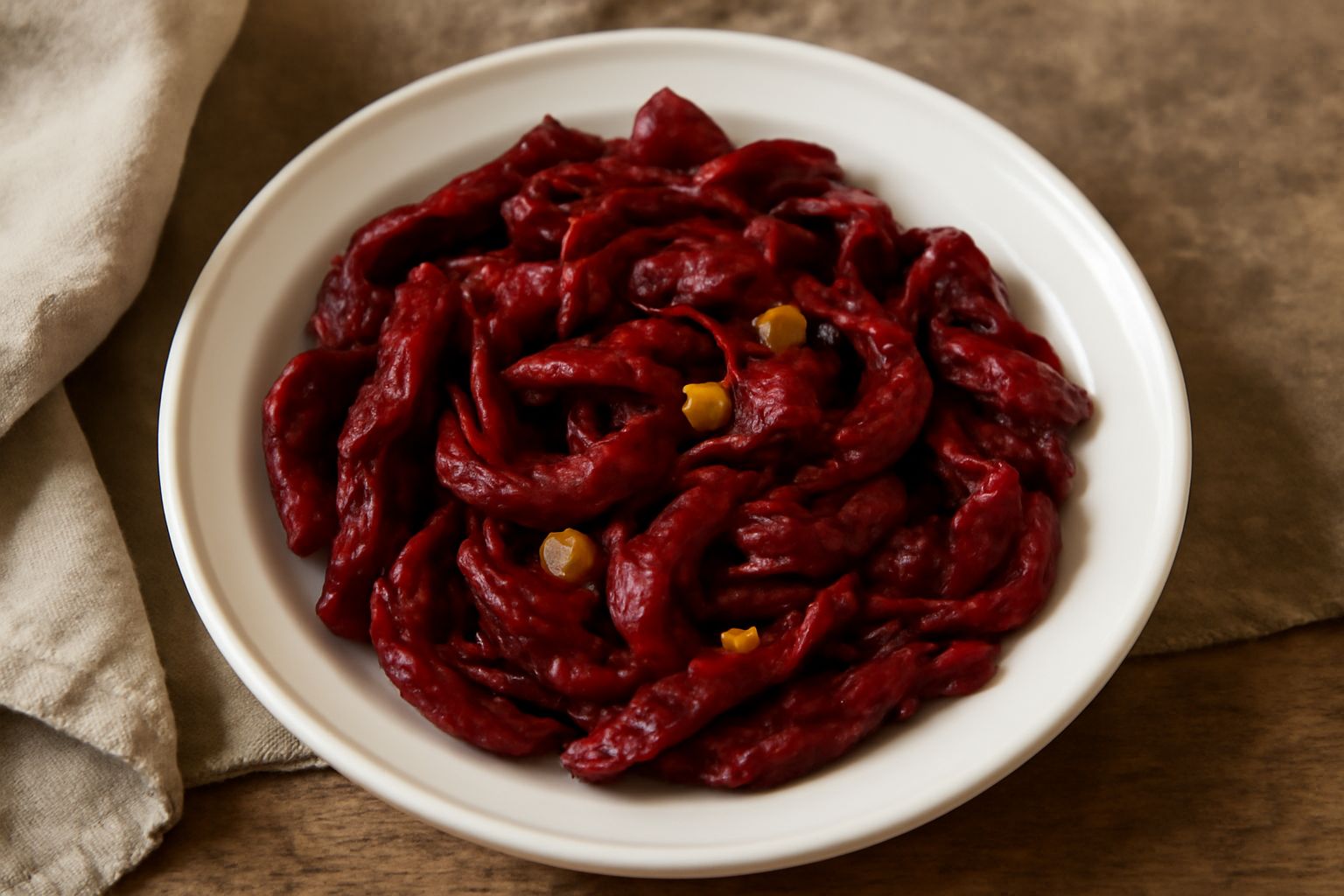 Peperoni cruschi rossi scuri già reidratati, tagliati a strisce larghe, in un piatto bianco con olio d'oliva lucido e aglio tritato grossolanamente sparso sopra