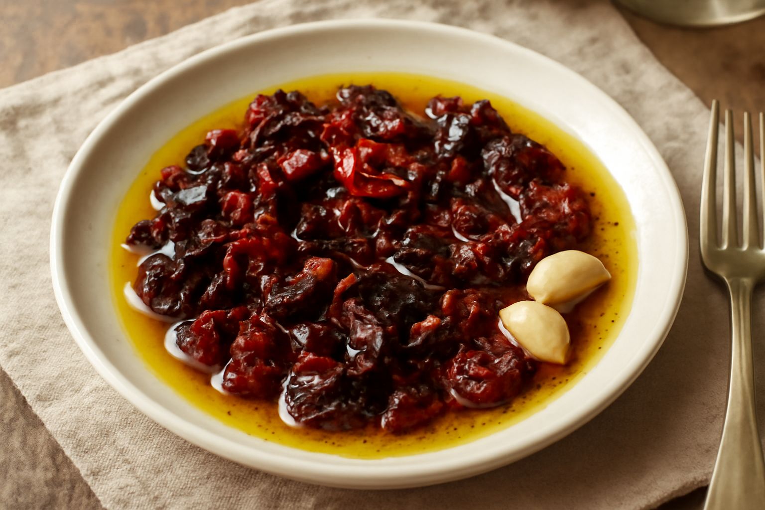 Vasetto di vetro trasparente con peperoni cruschi rossi e neri immersi in olio giallo dorato, visibili i pezzetti di aglio e il peperoncino, su un fondo di tessuto beige con spighe di grano