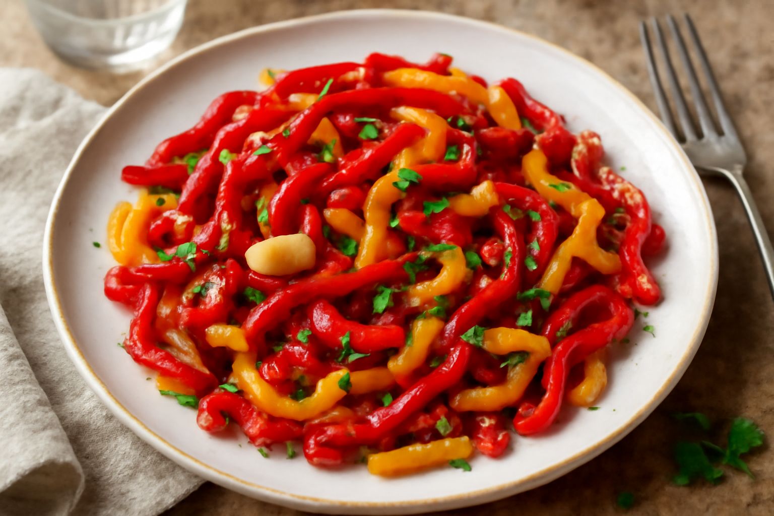 Peperoni cruschi trifolati rossi e gialli in strisce sottili, saltati in padella, guarniti con prezzemolo fresco verde e aglio dorato, serviti in piatto bianco