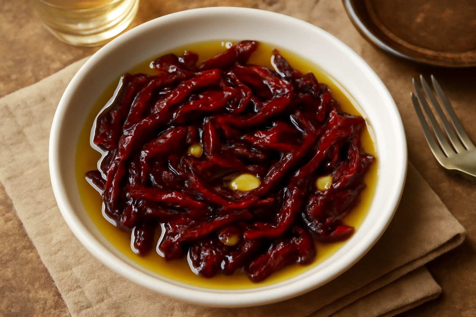 Peperoni cruschi trifolati di colore rosso scuro, tagliati a striscia sottile, in un piatto bianco con olio brillante, aglio dorato e prezzemolo verde fresco sparso in superficie