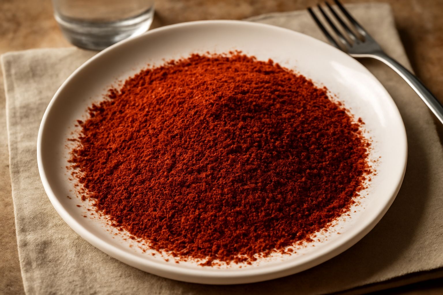 Peperoni cruschi rosso scuro tritati finemente in una ciotola di ceramica bianca, polverina uniforme su sfondo di legno chiaro con qualche peperone intero secco accanto