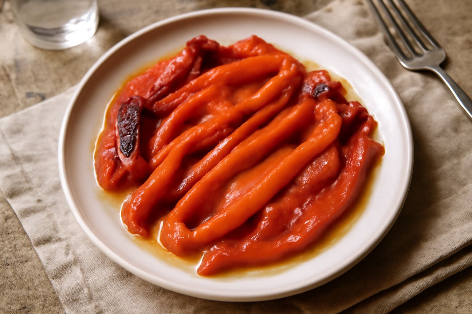 Quattro peperoni rossi, gialli e arancioni al forno, morbidi e lievemente anneriti sui bordi, disposti su un piatto bianco con aglio e prezzemolo fresco tritato sopra