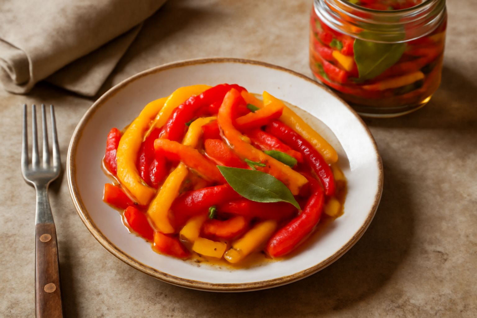 Vasetto di vetro con peperoni rossi e gialli tagliati a listarelle in salamoia trasparente, con grani di pepe nero e foglie di alloro, su sfondo bianco