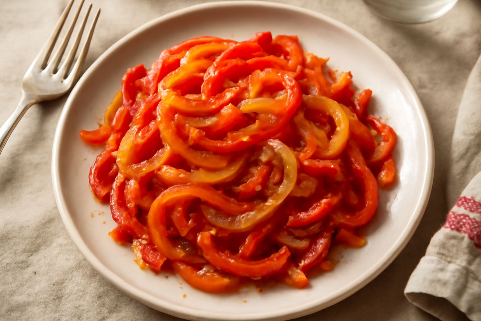 Peperoni rossi e gialli affettati insieme a cipolla bionda soffritti in padella, colore rosso-arancio vivace, cipolla traslucida dorata, serviti in piatto bianco con filo d'olio