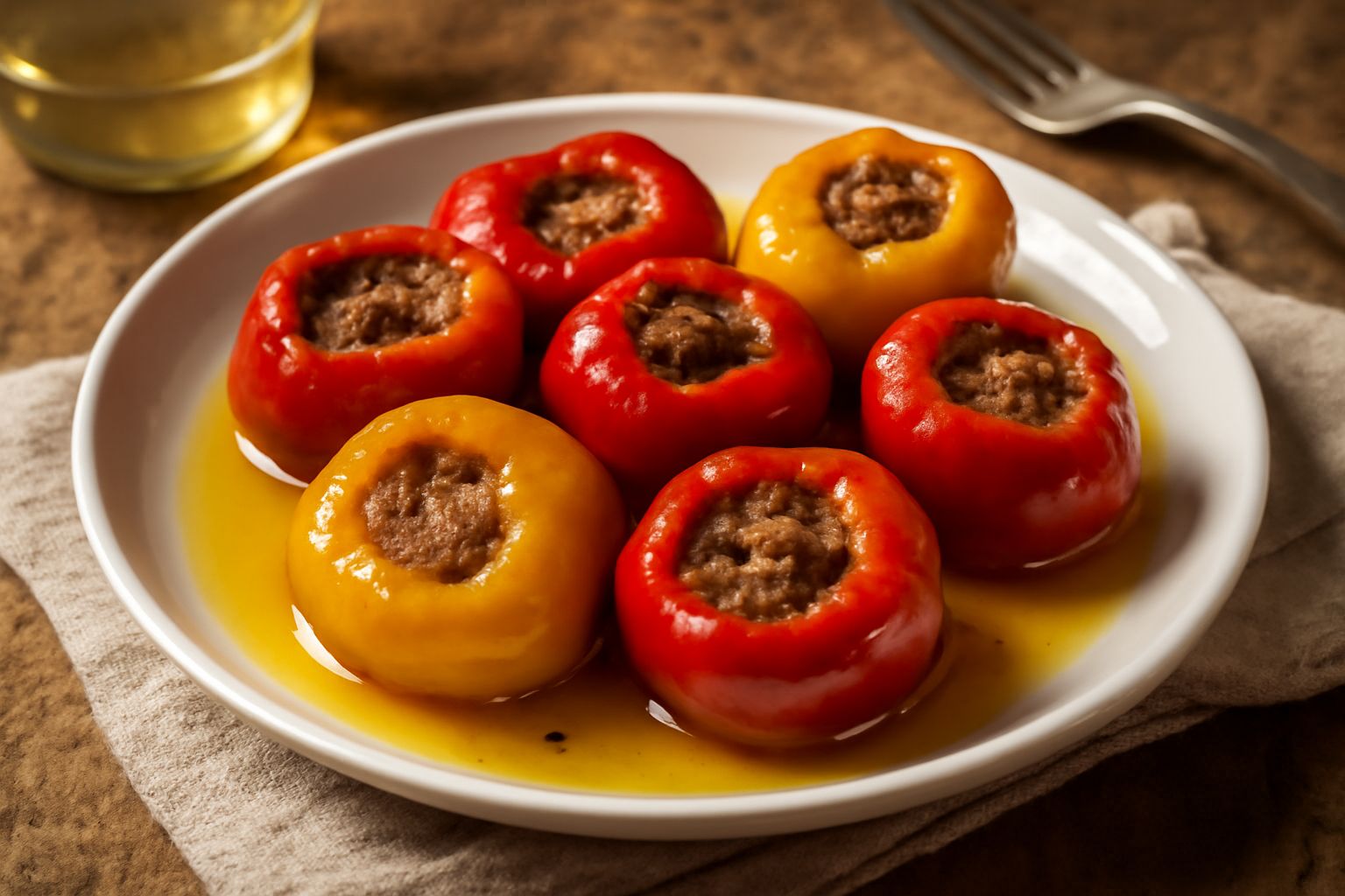 Peperoni rossi e gialli farciti disposti in un vasetto di vetro trasparente con olio dorato, ripieno di tonno e capperi visibile in sezione, fondo di olio in cui affiorano pepe nero e foglie di prezze