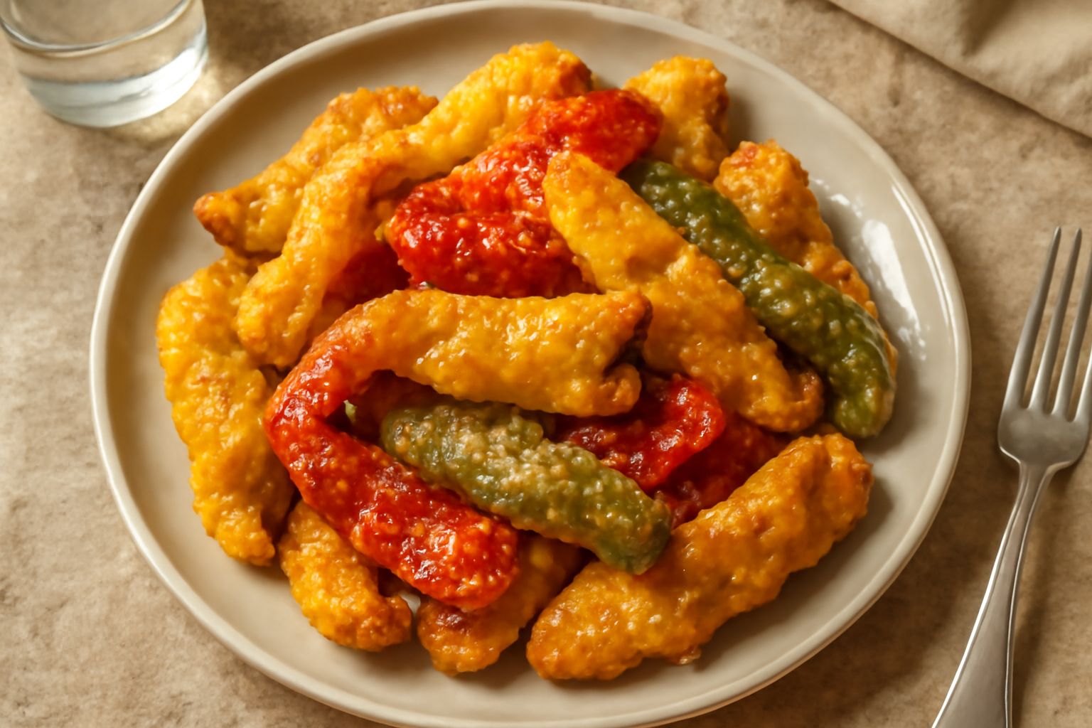 Peperoni gialli, rossi e verdi fritti disposti in un piatto bianco, croccanti e dorati, cosparsi di sale grosso e guarniti con prezzemolo fresco