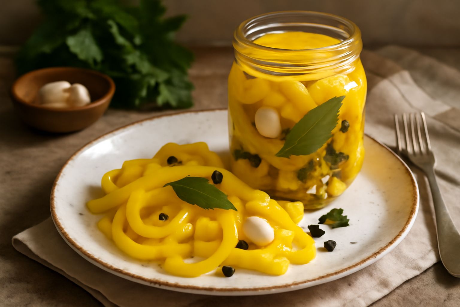 Vasetto di vetro trasparente con peperoni gialli a strisce tagliate nettamente, immersi in liquido trasparente, con spicchi d'aglio e grani di pepe neri visibili, su fondo bianco