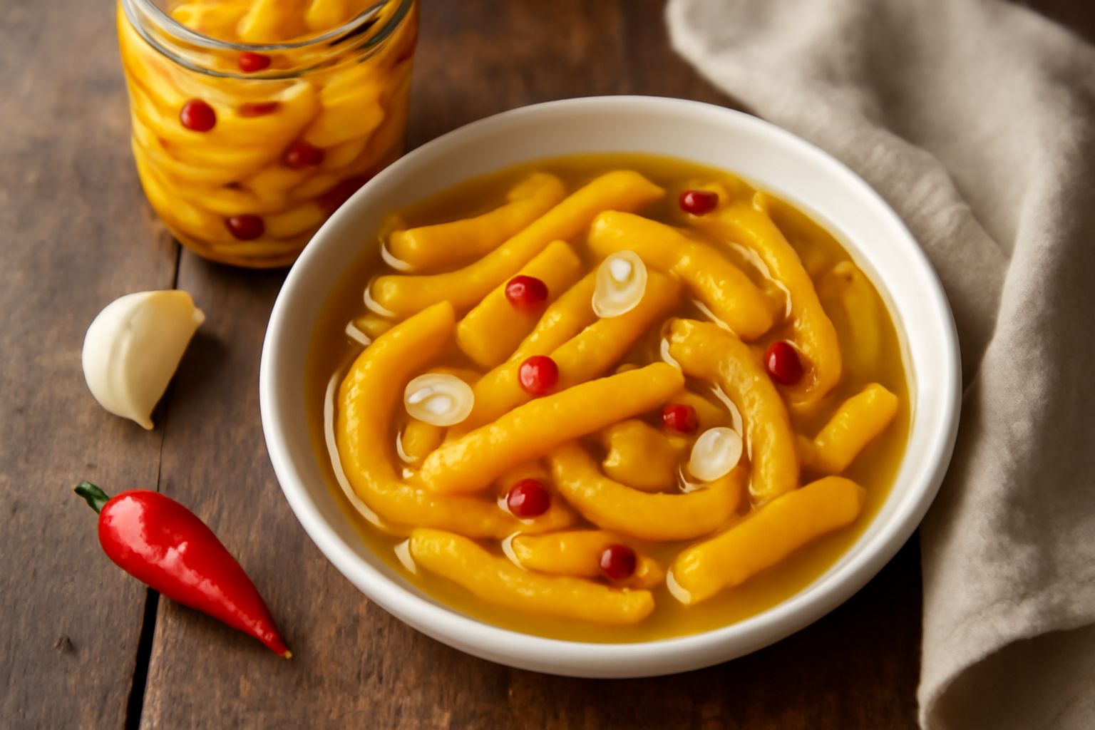 Barattolo di vetro trasparente pieno di peperoni gialli affettati in strisce, immersi in olio trasparente dorato, con spicchi di aglio bianco e peperoncini rossi visbili tra i peperoni, etichetta bian