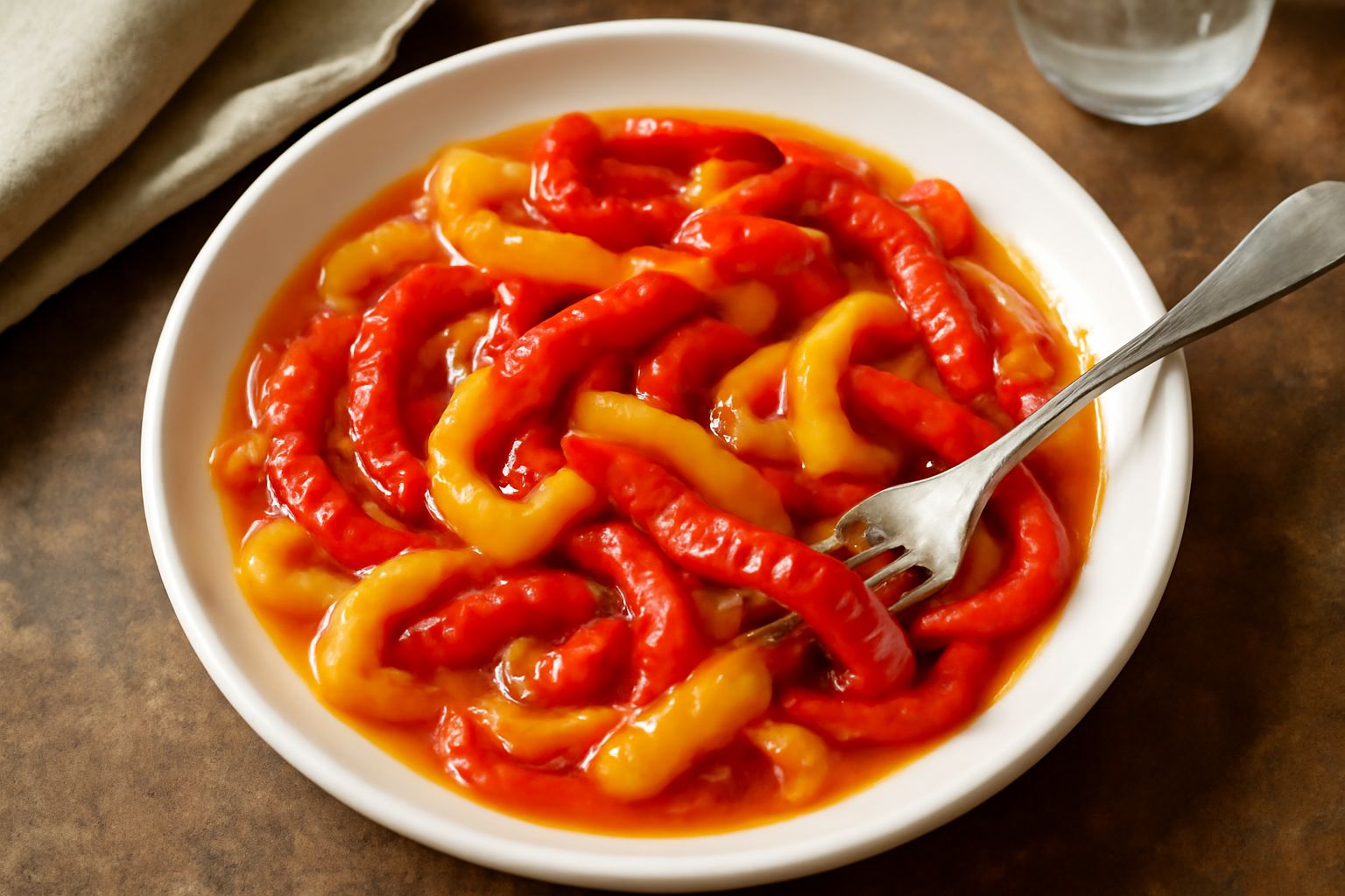 Peperoni rossi, gialli e verdi tagliati a strisce, morbidi e lucidi, in un piatto bianco con cipolla morbida e olio dorato visibile. Vapore appena uscito dalla padella, contorno ben presentato.