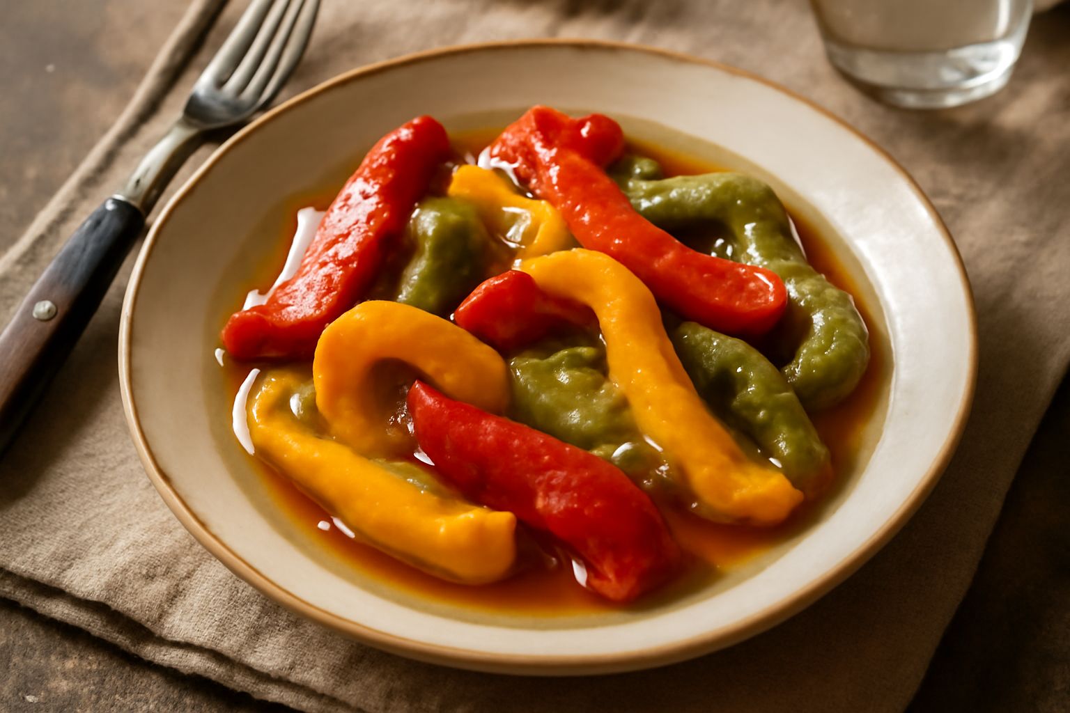Peperoni rossi, gialli e verdi tagliati a strisce, morbidi e luccicanti di olio, in una ciotola bianca con aglio e rosmarino visibile nel fondo oliato