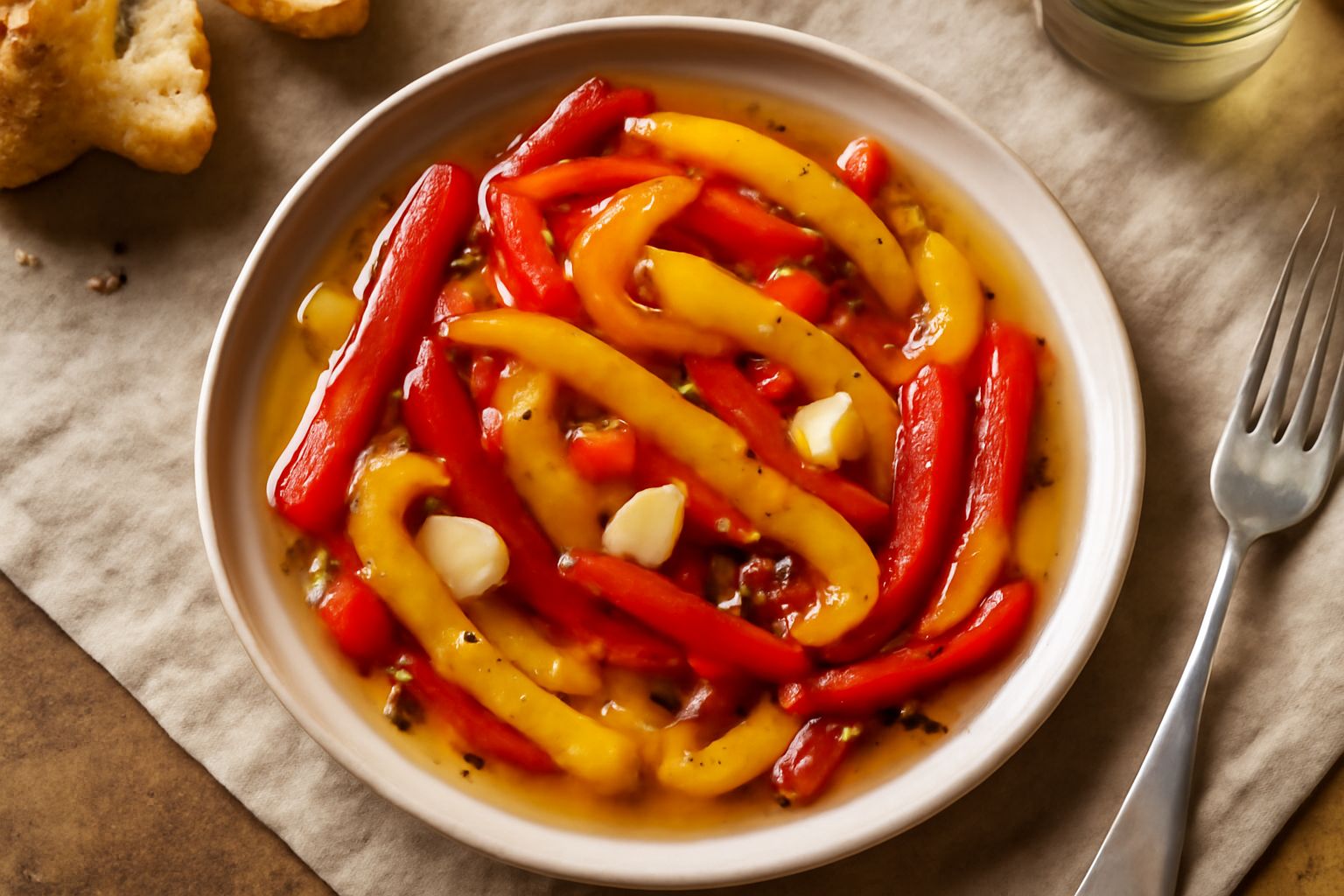 Peperoni rossi, gialli e arancioni tagliati a striscia in un barattolo di vetro trasparente con aceto, aglio, peperoncino e spezie, illuminati dalla luce naturale