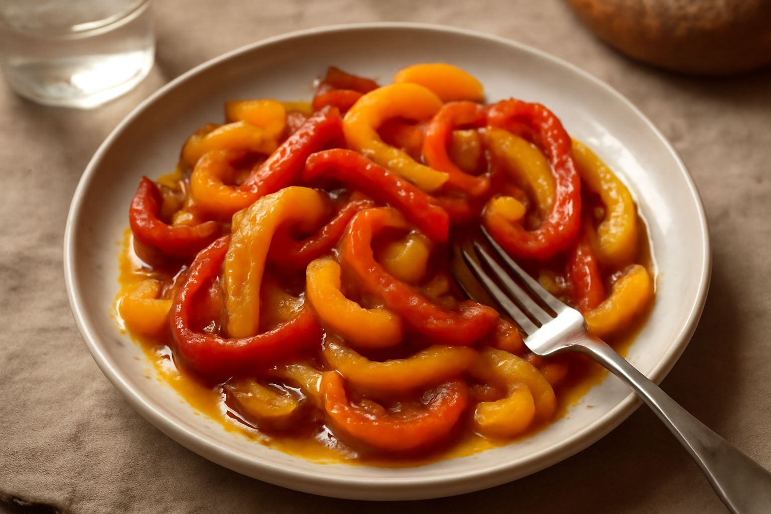 Peperoni rossi, gialli e arancioni tagliati a striscia, cotti in padella antiaderente, dorati e morbidi, con aglio brunito e filo d'olio sulla superficie, in un piatto bianco