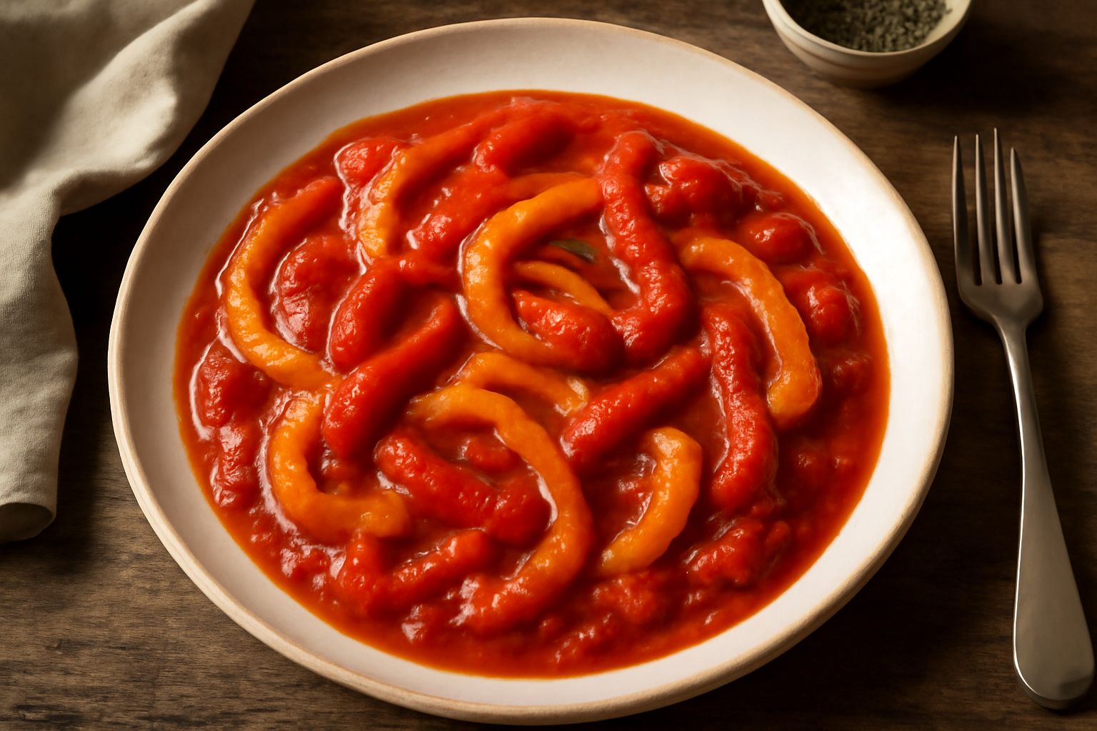 Peperoni rossi, gialli e arancioni tagliati a striscie sottili, immersi in salsa di pomodoro densa e rosso scura, guarniti con prezzemolo fresco su un piatto bianco, con basilico e olio d'oliva visibi