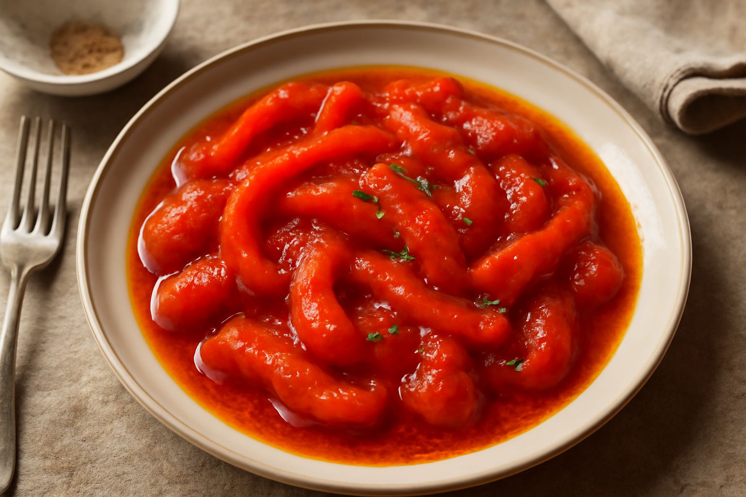 Peperoni rossi, gialli e arancioni tagliati a strisce sottili, morbidi in umido in una pentola di terracotta con salsa di pomodoro, cipolla e prezzemolo fresco verde sopra