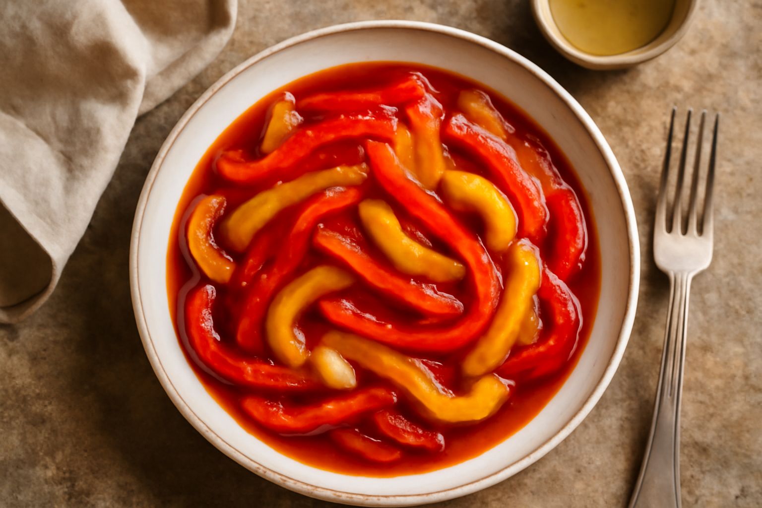 Peperoni rossi, gialli e arancioni tagliati a strisce e cotti in umido in una ciotola di vetro, ricoperti di sugo rosso, con basilico fresco e olio d'oliva visibili in superficie