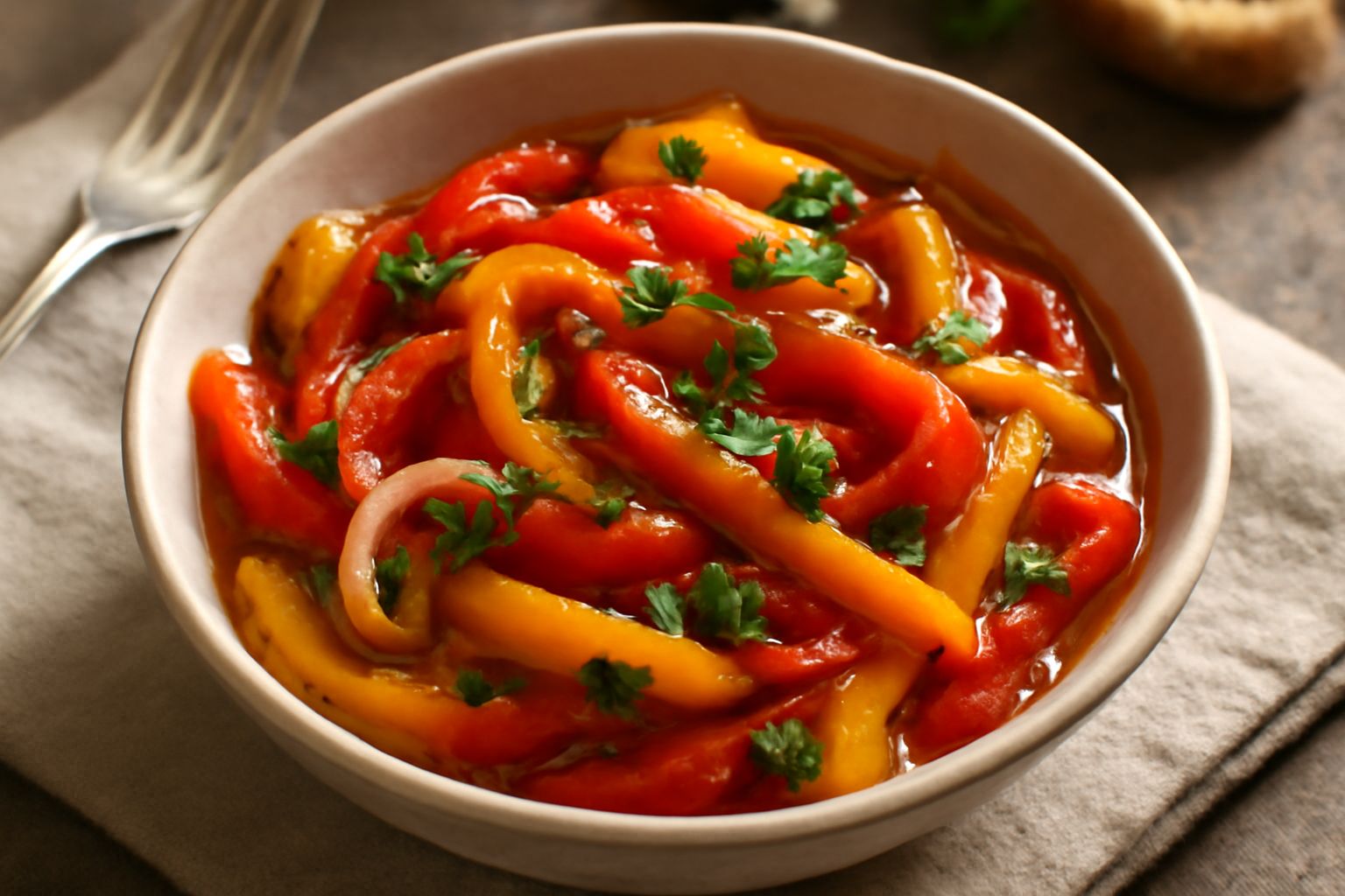 Peperoni rossi, gialli e verdi tagliati a strisce, morbidi e lucidi di olio, disposti in una ciotola bianca con cipolla trasparente e prezzemolo fresco, serviti a temperatura ambiente.