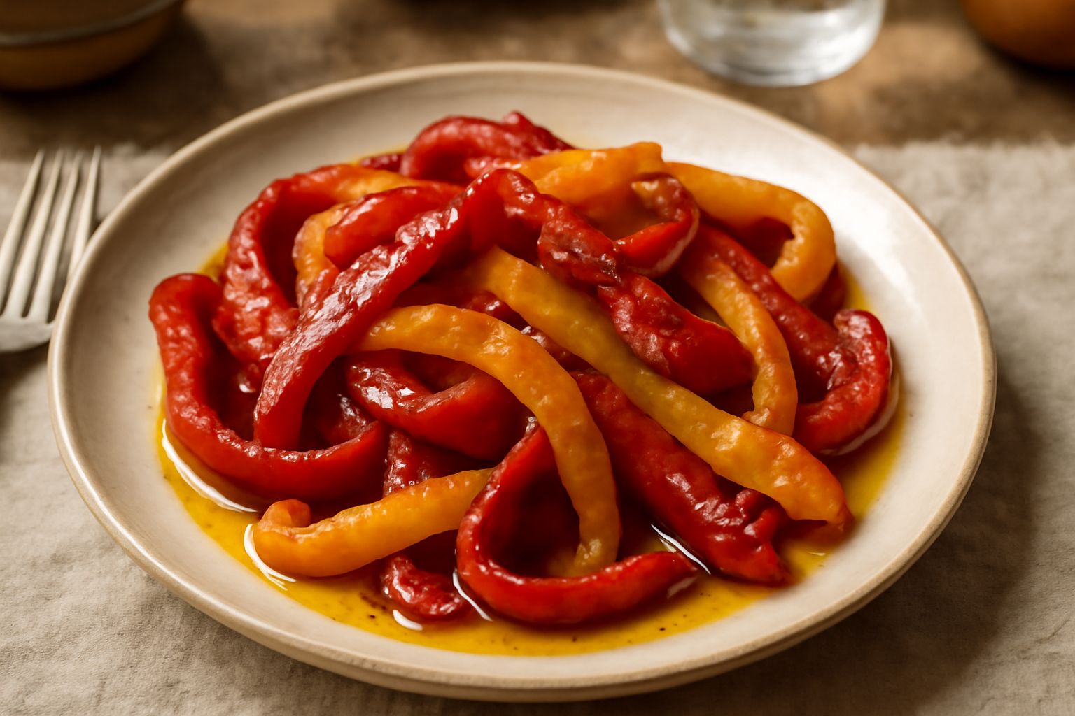 Peperoni rossi e gialli ripassati in padella, morbidi e lucidi d'olio, con spicchi d'aglio dorato, serviti in un piatto bianco