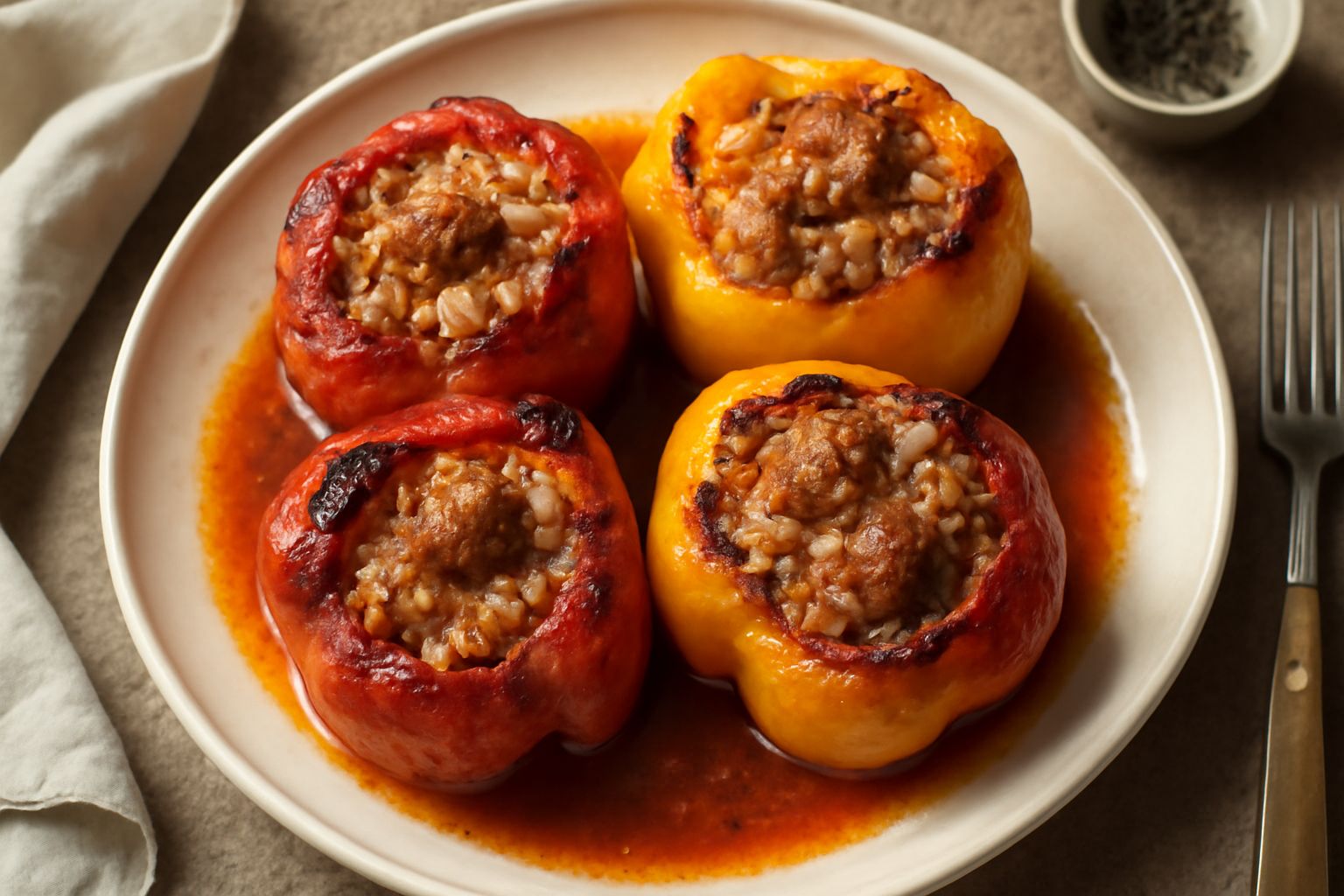 Tre peperoni rossi ripieni di riso e carne cotta al forno, disposti in una teglia di ceramica bianca. Il ripieno fuoriesce leggermente dal taglio superiore del peperone, la superficie è dorata. Accant