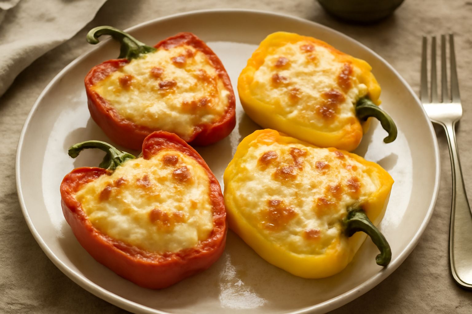 Quattro mezzi peperoni rossi e gialli riempiti di ricotta bianca, infornati in una teglia di ceramica con pomodori freschi e basilico, appena sfornati