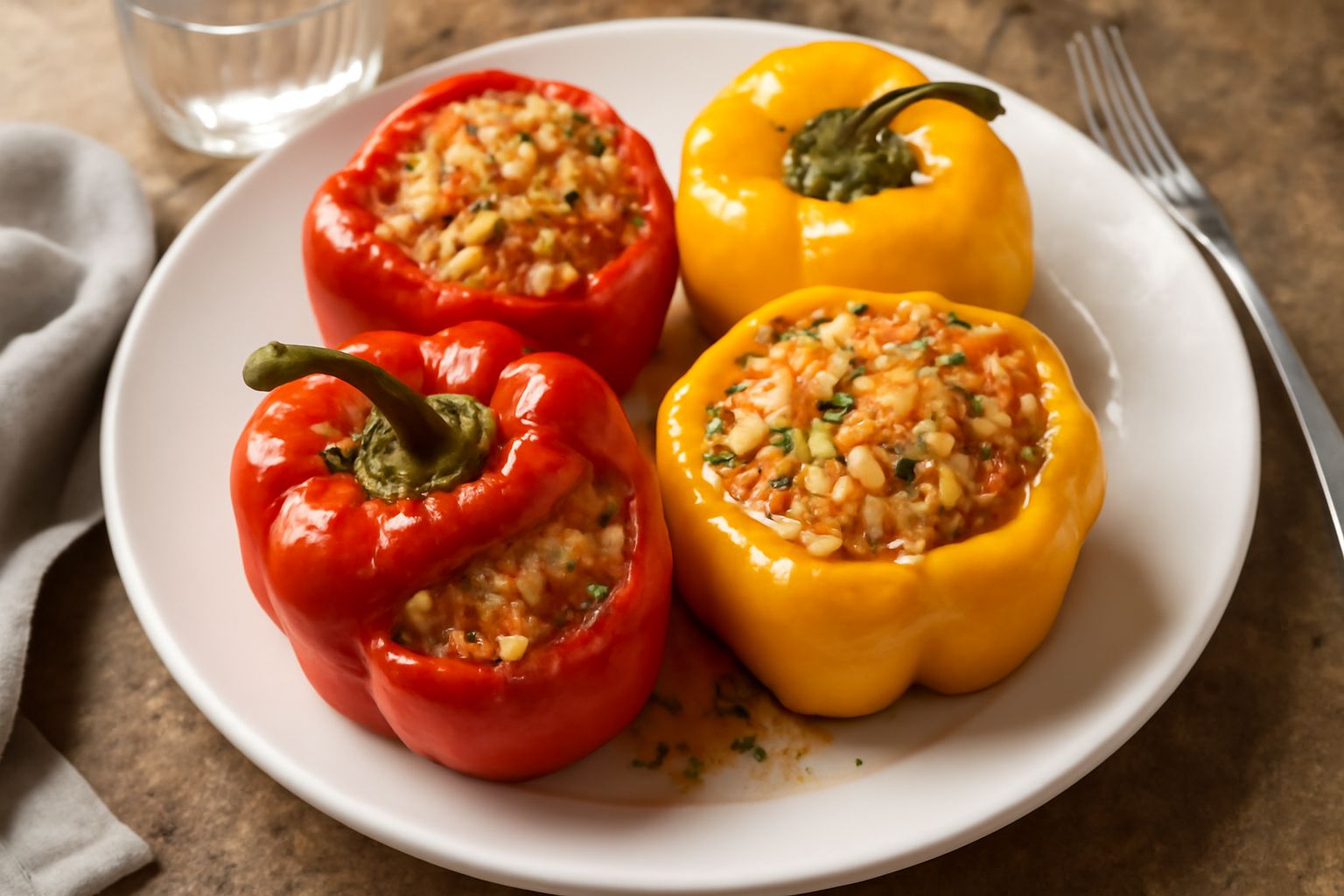 Quattro peperoni rossi e gialli puliti e interi disposti su una teglia di alluminio riempita di pomodori e brodo, forno acceso sullo sfondo