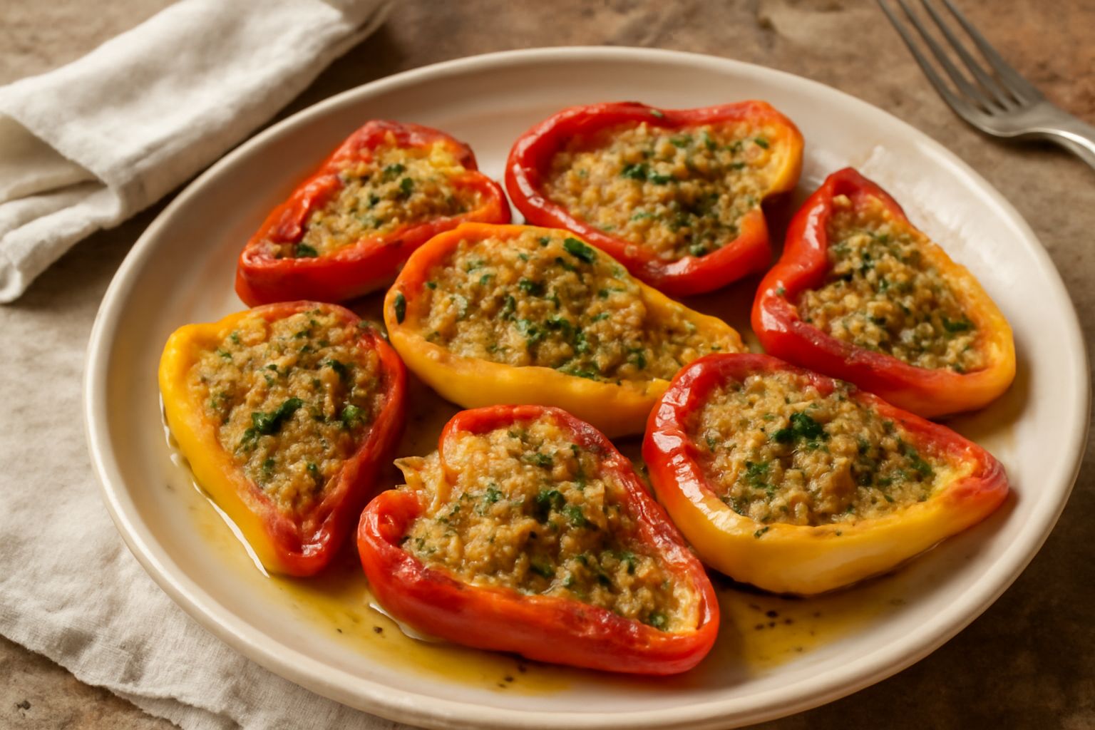 Peperoni rossi e gialli halved ripieni di mollica dorata, disposti in una ciotola di vetro con olio d'oliva che ricopre metà altezza, prezzemolo verde visibile nella farcitura, fondo scuro.