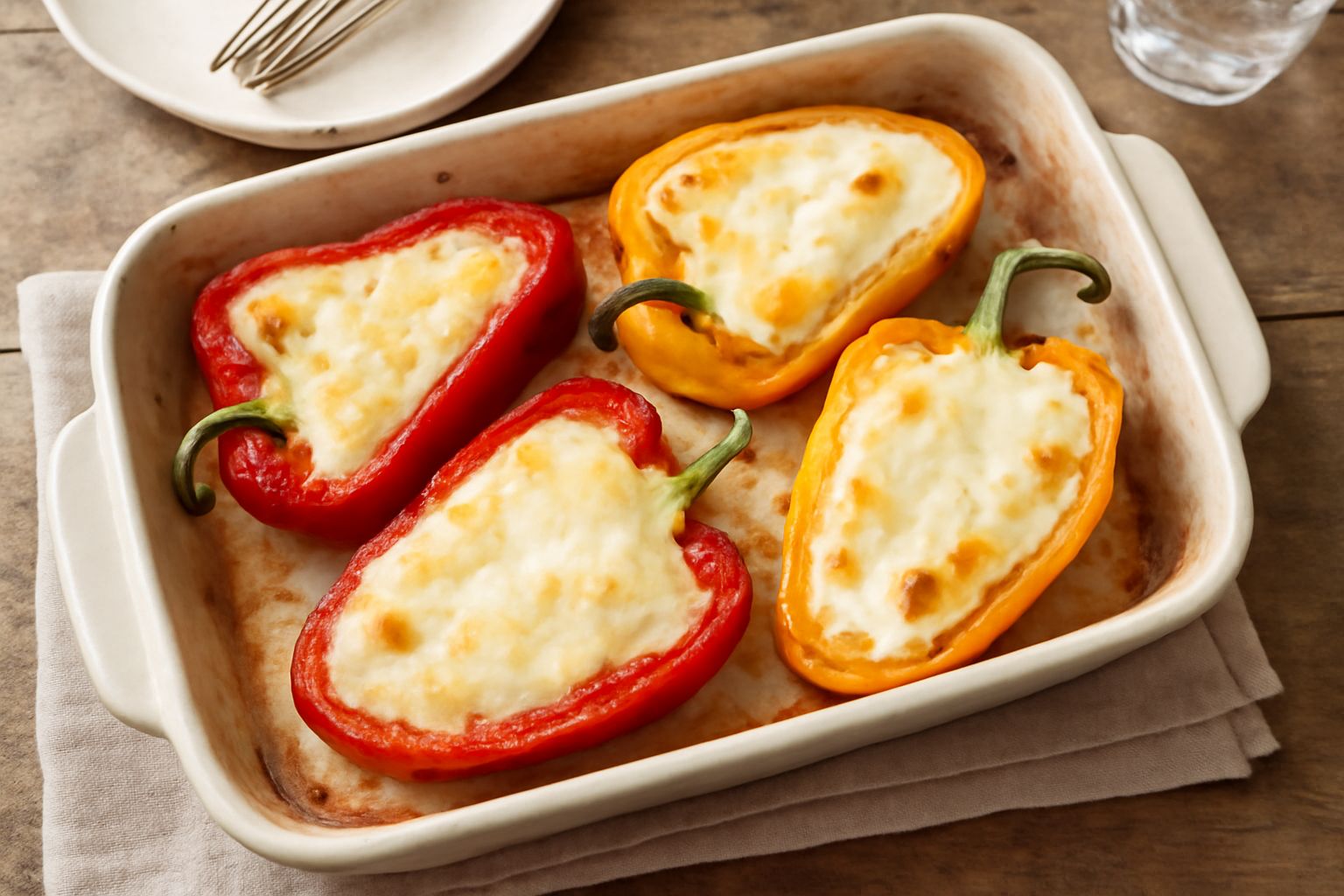 Quattro metà di peperoni rossi e gialli ripiene di formaggio fuso color crema, in una teglia da forno con contorni leggermente caramellati, guarniti con prezzemolo fresco verde scuro