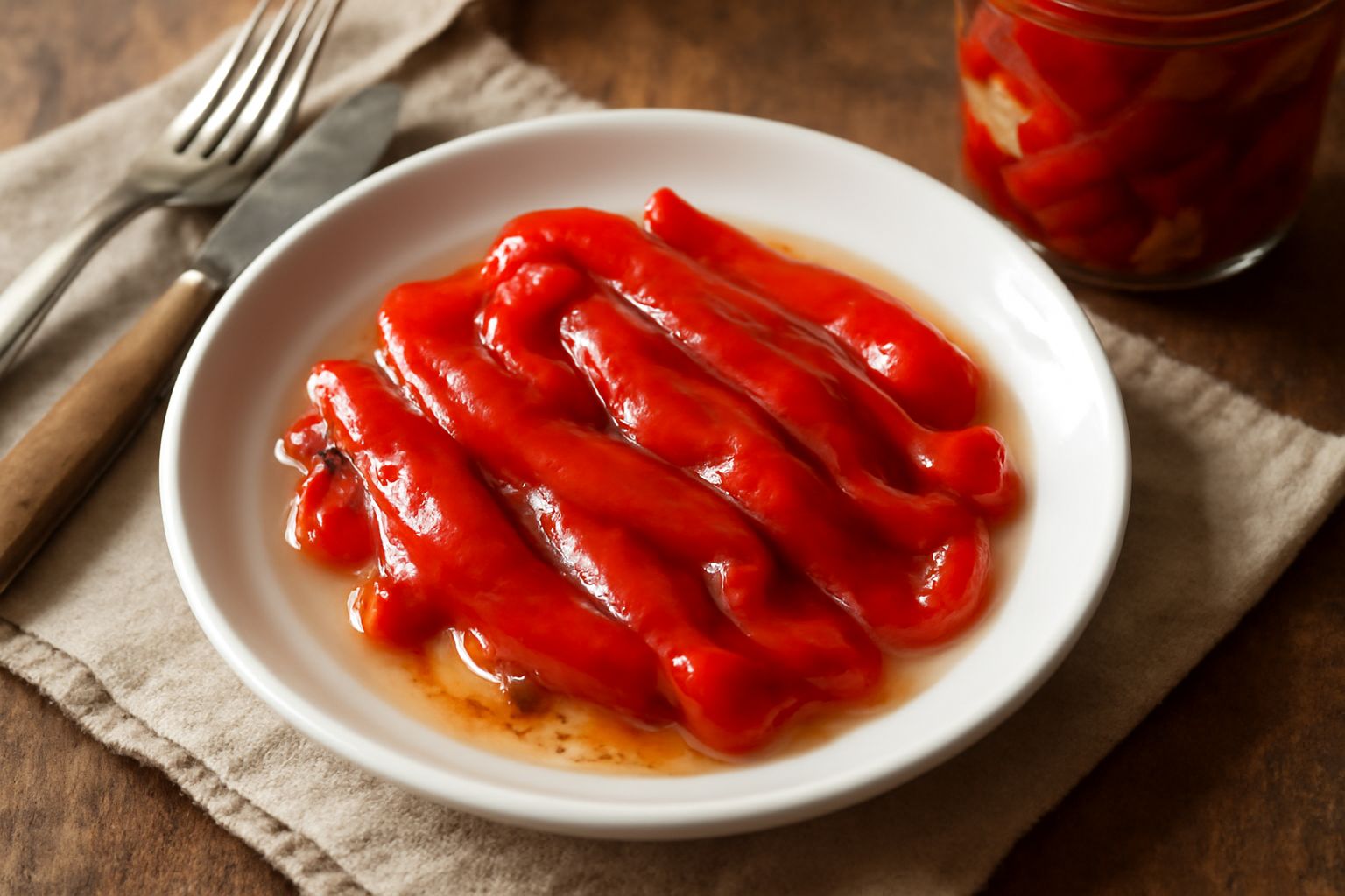 Peperoni rossi brillanti tagliati a strisce, immersi in aceto trasparente dentro un barattolo di vetro, con aglio, peperoncino e alloro visibili tra i peperoni