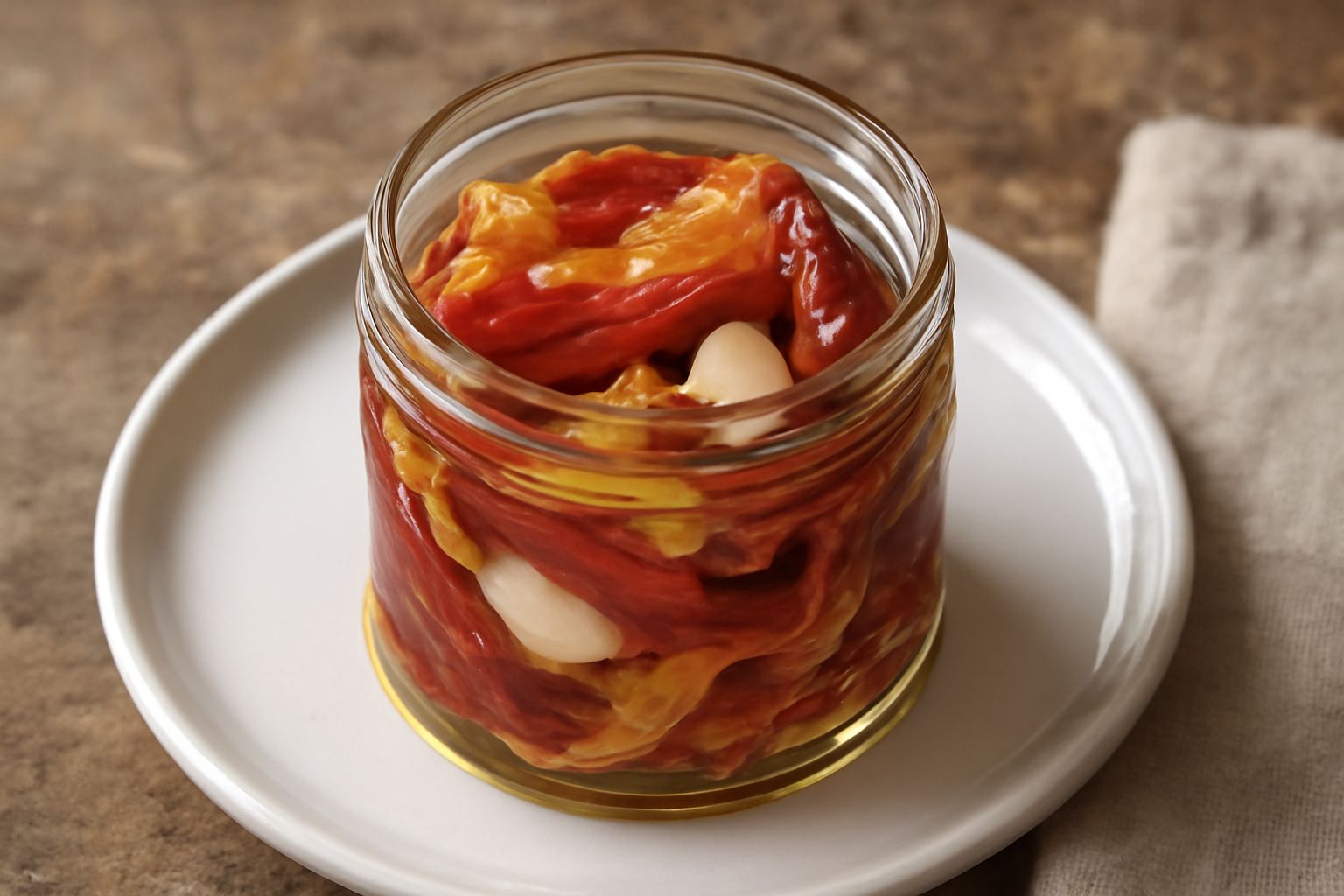 Barattolo di vetro con peperoni rossi secchi tagliati a strisce immerse in olio giallo dorato con spicchi d'aglio visibili e peperoncini, su fondo bianco con luce naturale