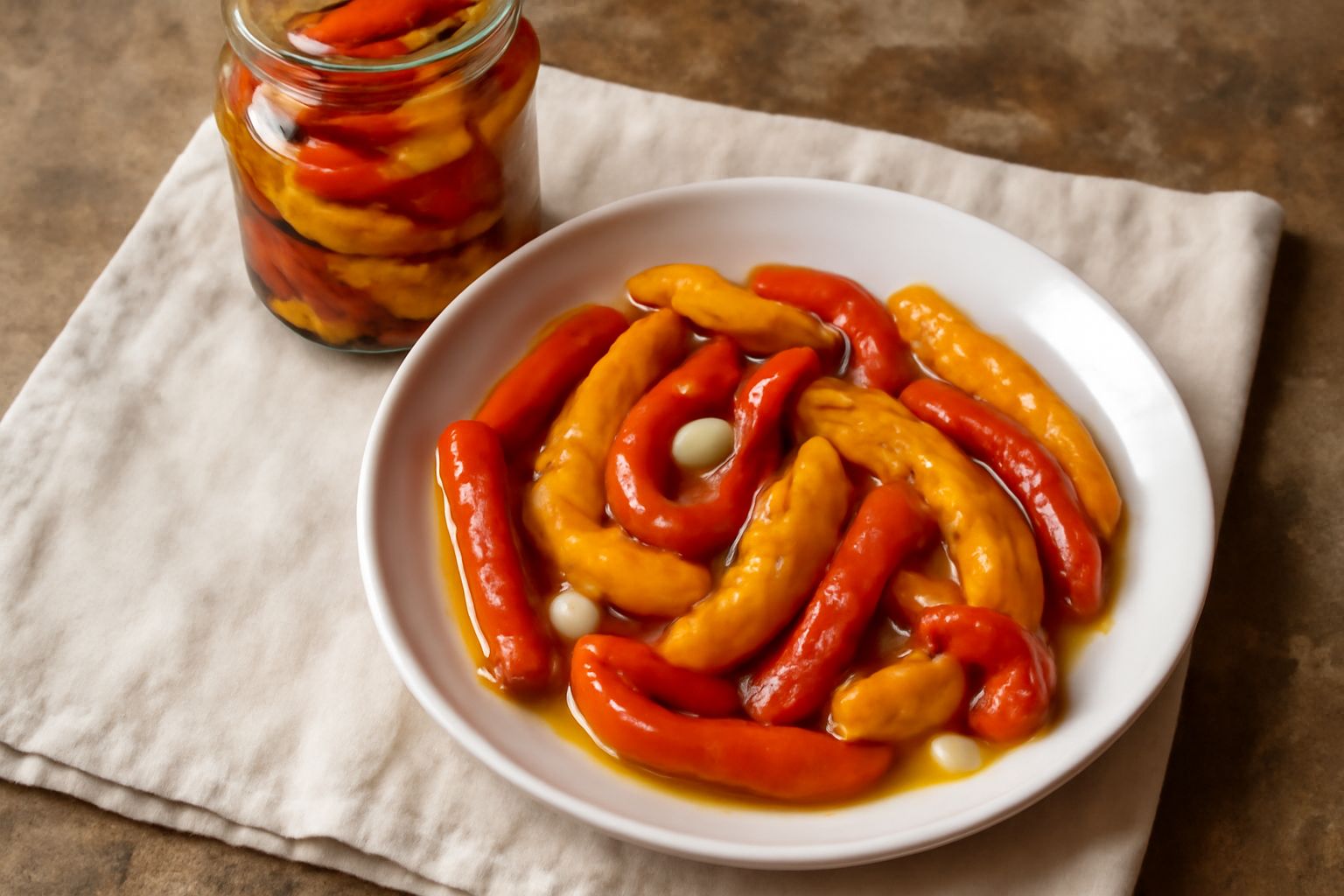 Barattolo di vetro con peperoni rossi, gialli e arancioni sott'olio, interi e brillanti, immersi in olio d'oliva trasparente, con aglio e peperoncino visibili tra i peperoni, luci riflesse sul vetro
