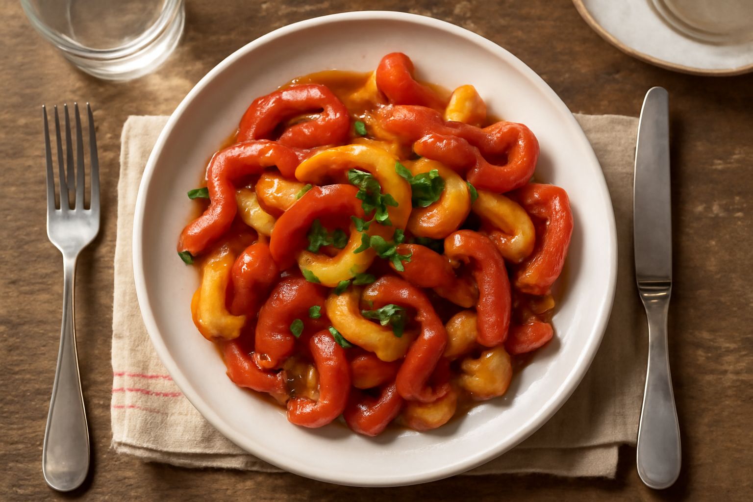 Peperoni trifolati rossi e gialli in padella, tagliati sottili, lucidi di olio, con fettine di aglio leggermente dorate, vapore leggero visibile, contorno fumante appena sfumato