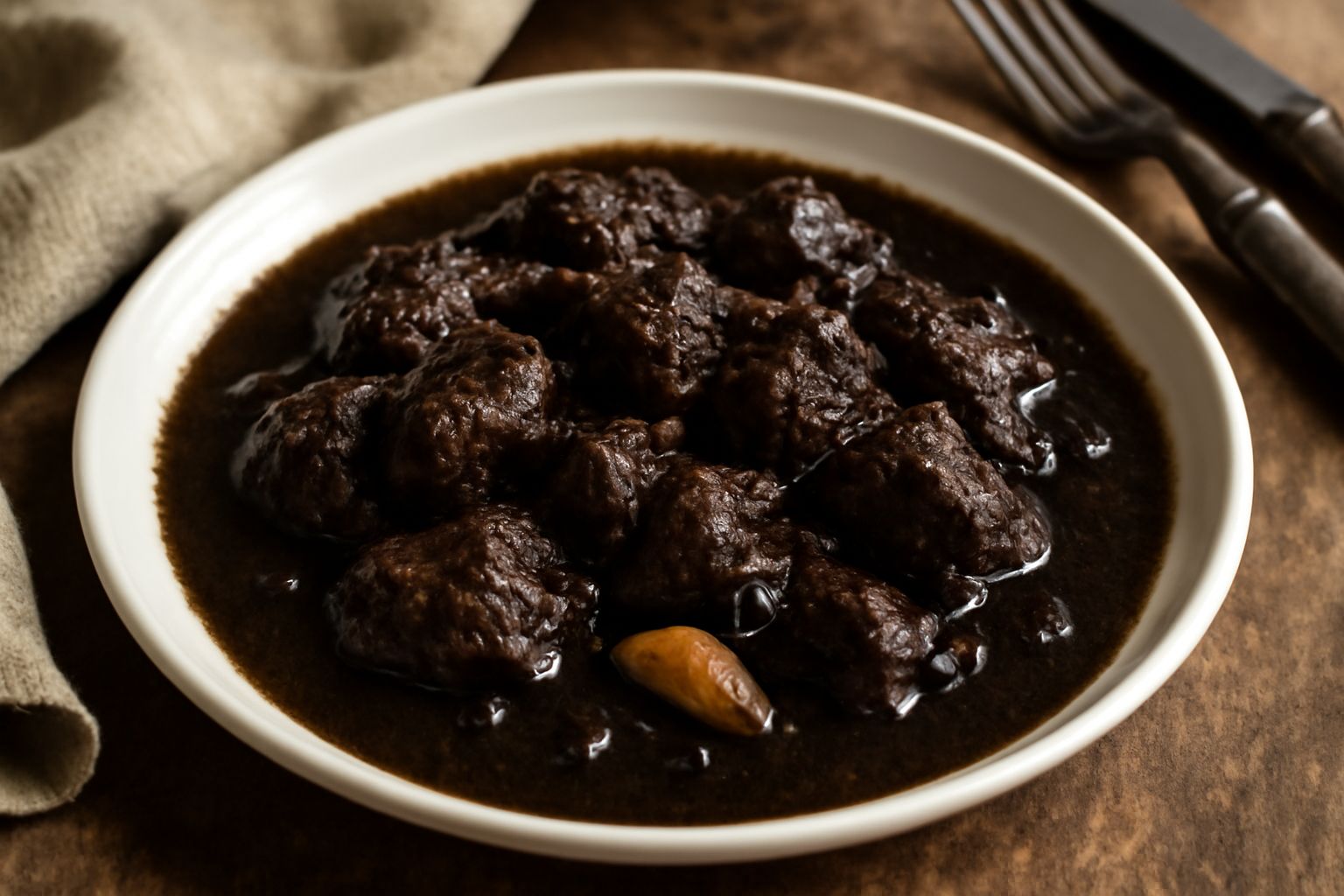 Peposo alla livornese in una ciotola di ceramica bianca: manzo tenero rosso scuro con salsa ricca, grani di pepe nero visibili, contorno di pane toscano grigio