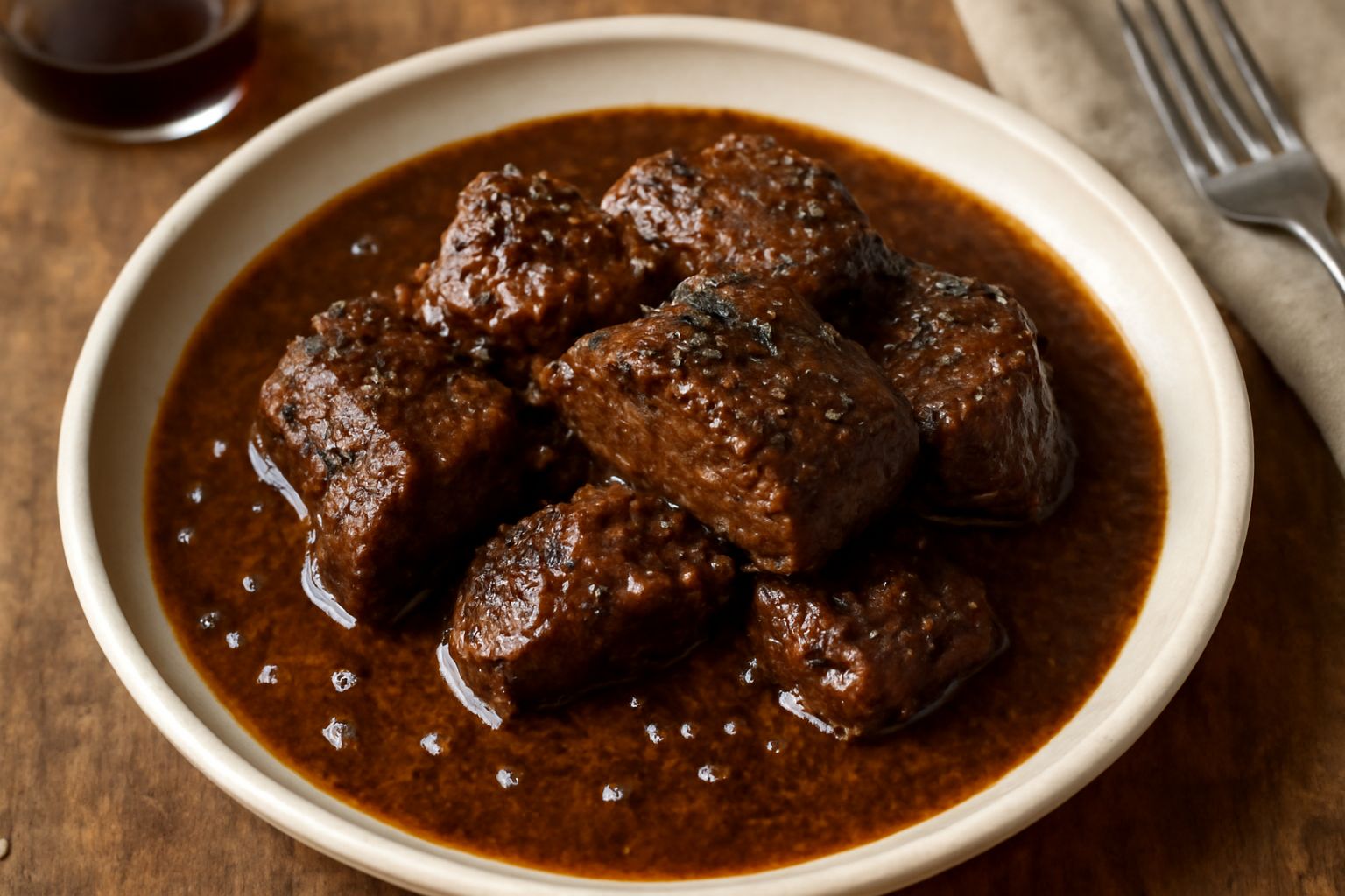 Peposo alla piemontese in piatto fondo bianco: carne scura e brasata circondata da salsa ricca di colore rosso bordeaux, spolverata di pepe nero, contorno di purea di patate cremosa