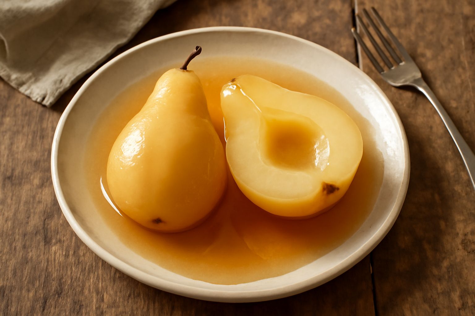 Tre pere intere sciroppate in un piatto bianco, lucide e traslucide, ricoperte di sciroppo denso e trasparente, con cannella in stecchi accanto