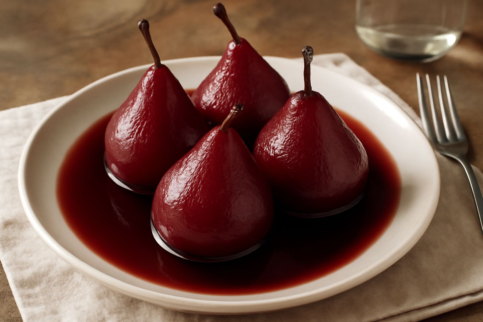 Tre pere intere di colore rosso scuro immerse in un calice di cristallo trasparente riempito di sciroppo rosso vinato. In sottofondo un cucchiaio d'argento e qualche chicco di pepe nero sul piatto bia