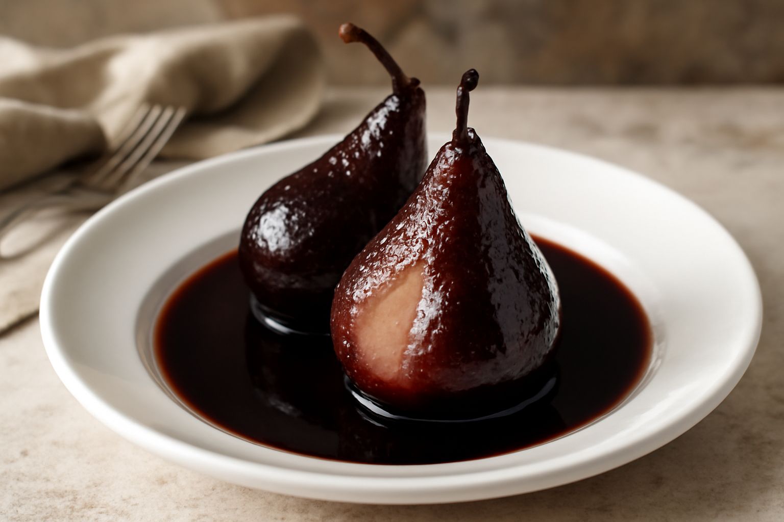 Tre pere intere cotte in vino rosso scuro, lucide e brillanti, poste in una ciotola bianca con il liquido di cottura denso e aromatico, guarnite con cannella e anice stellato