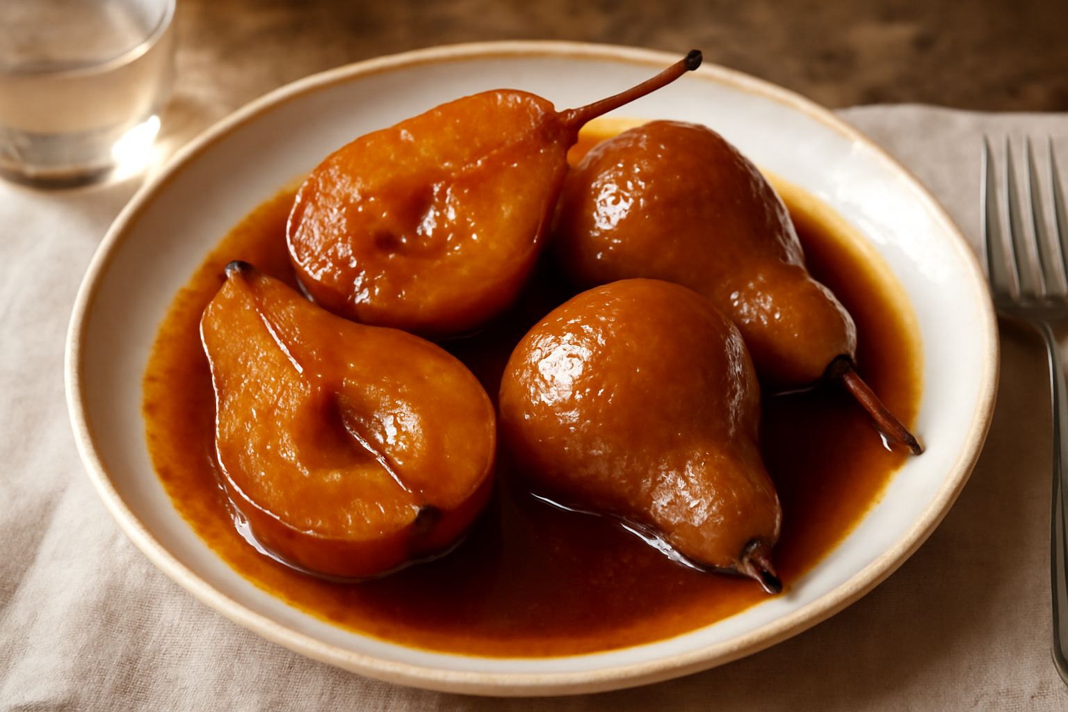 Pere intere caramellate in salsa agrodolce, di colore marrone dorato, disposte su un piatto bianco con cannella e chiodi di garofano visibili nel liquido denso e lucido
