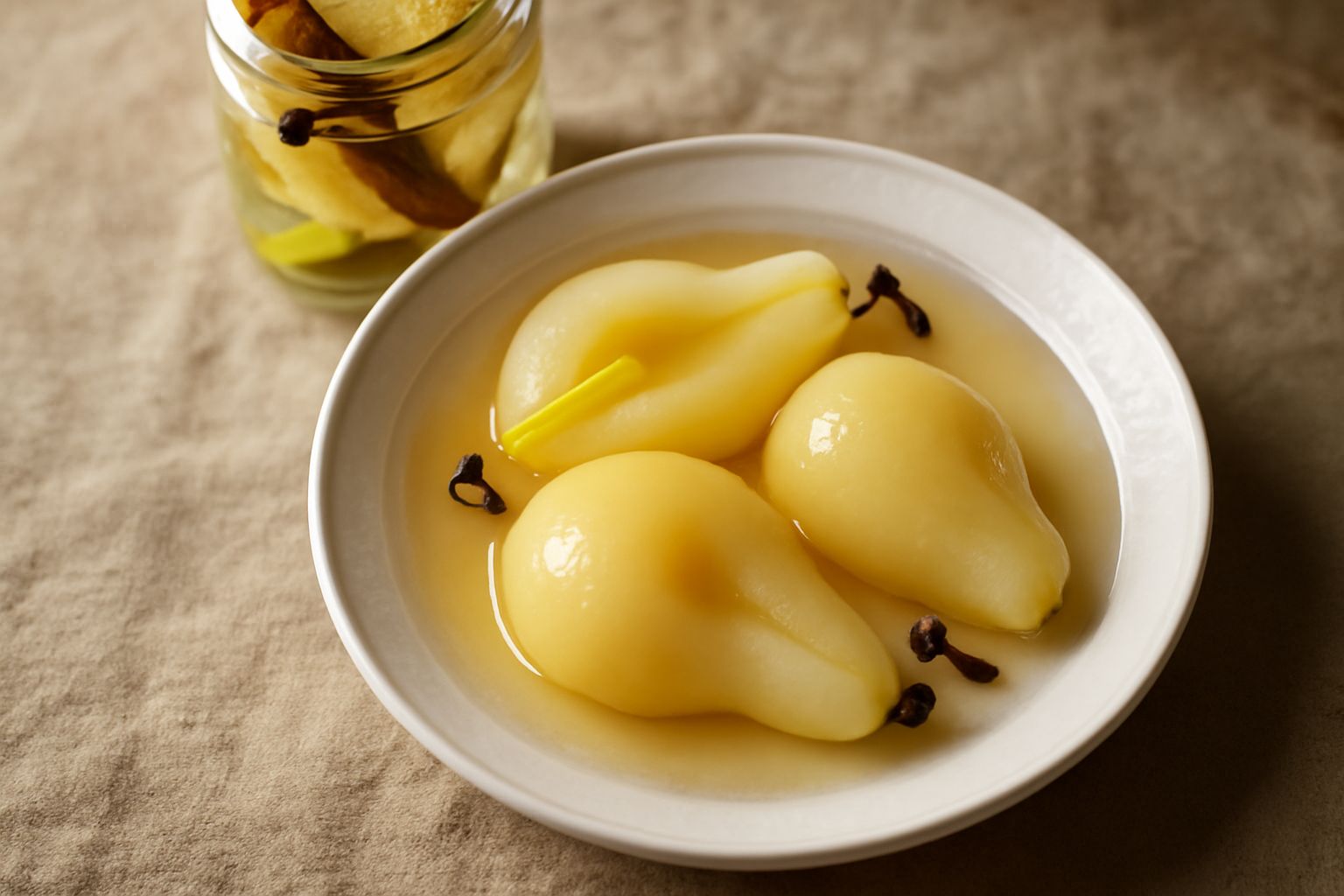 Vasetto di vetro trasparente con pere tagliate a metà, giallognole e lucide, immerse in sciroppo trasparente con stecche di cannella marrone e chiodi di garofano scuri visibili