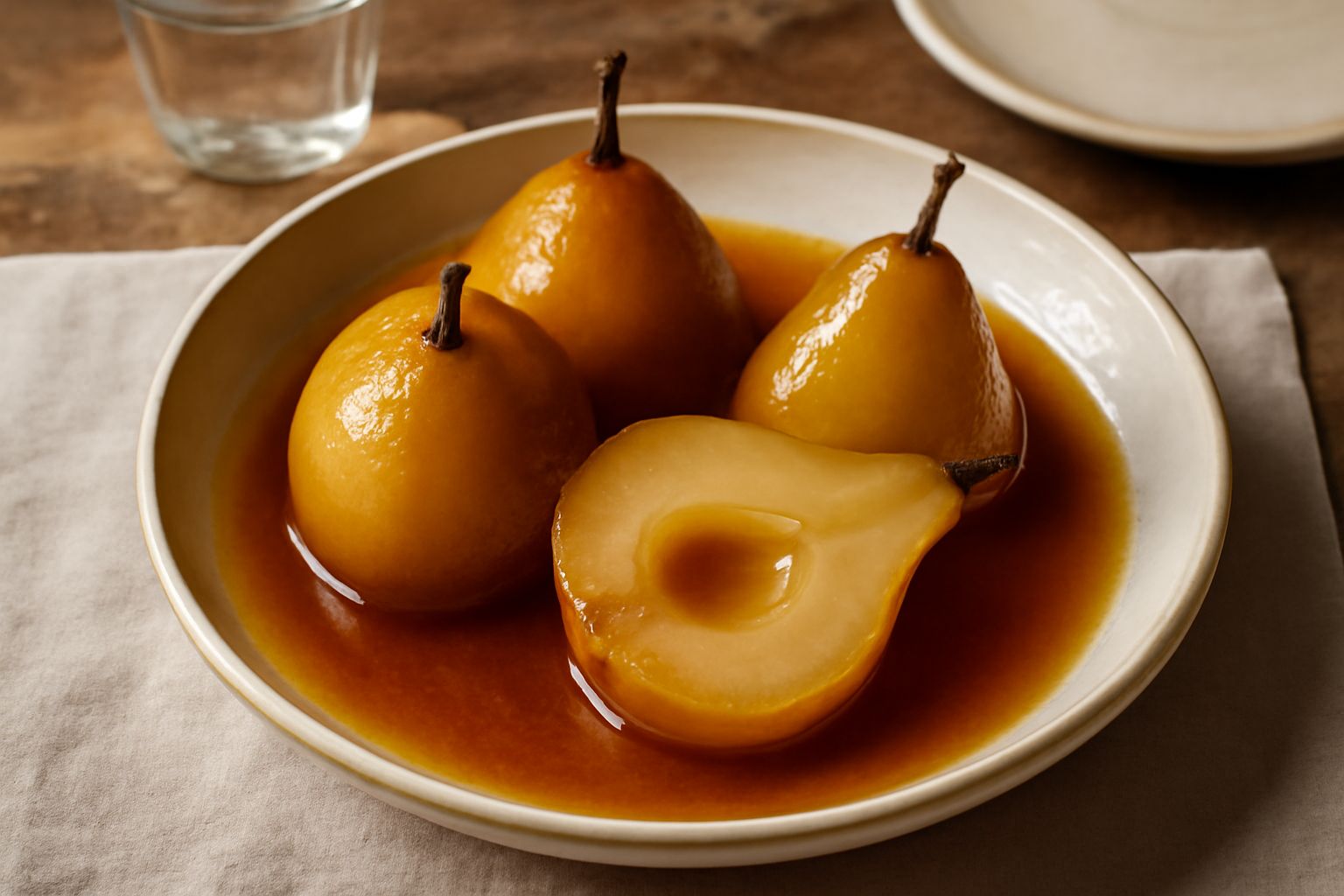 Pere intere tagliate a metà disposte in un piatto bianco con brodo traslucido dorato, cannella in stecco, bucce dorate e un cucchiaio d'argento appoggiato a lato