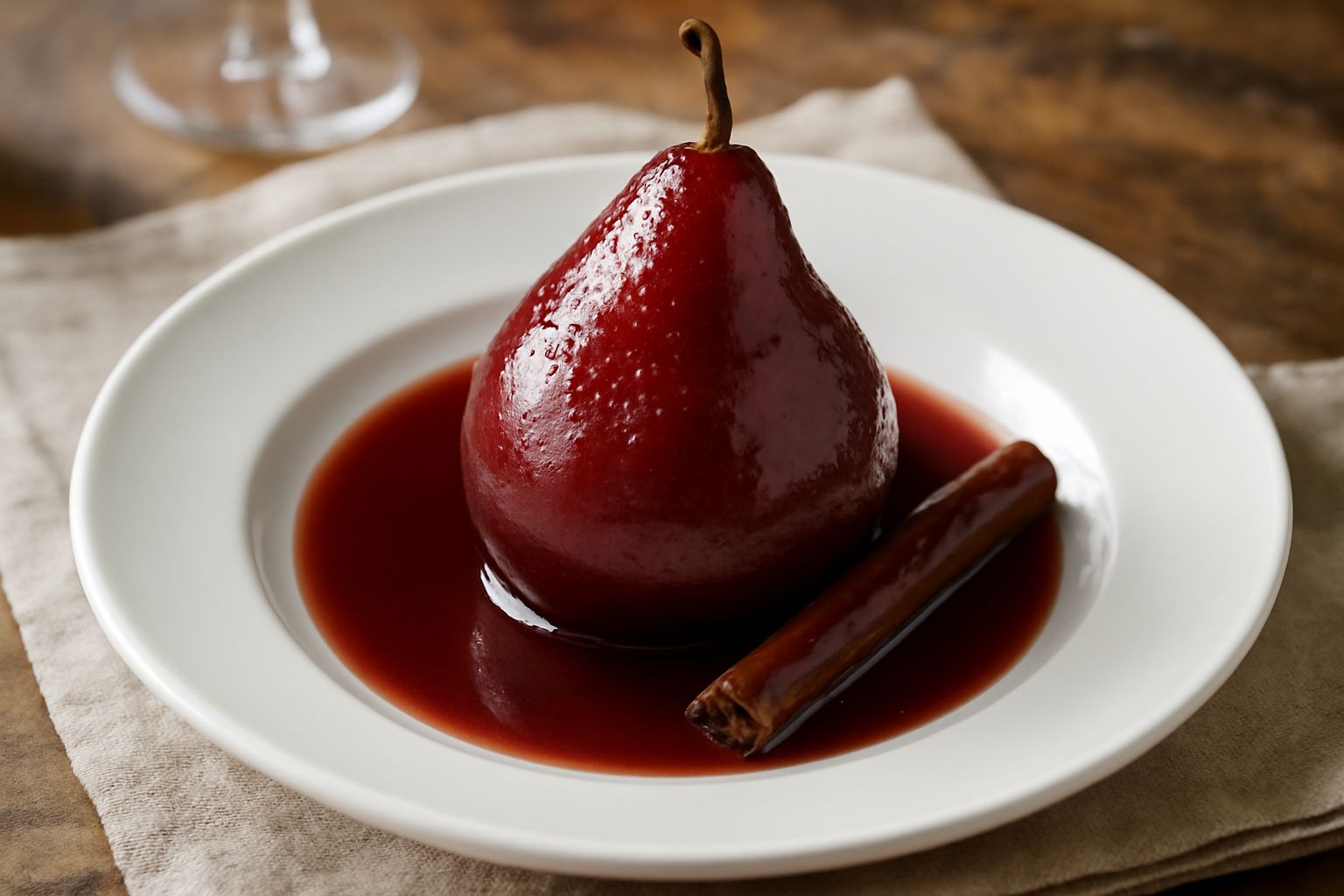 Tre pere stufate intere di colore rosso brunastro in una ciotola di ceramica bianca con salsa di vino rosso scuro, cannella in stecco sulla spalla della pera più grande, sfondo neutro