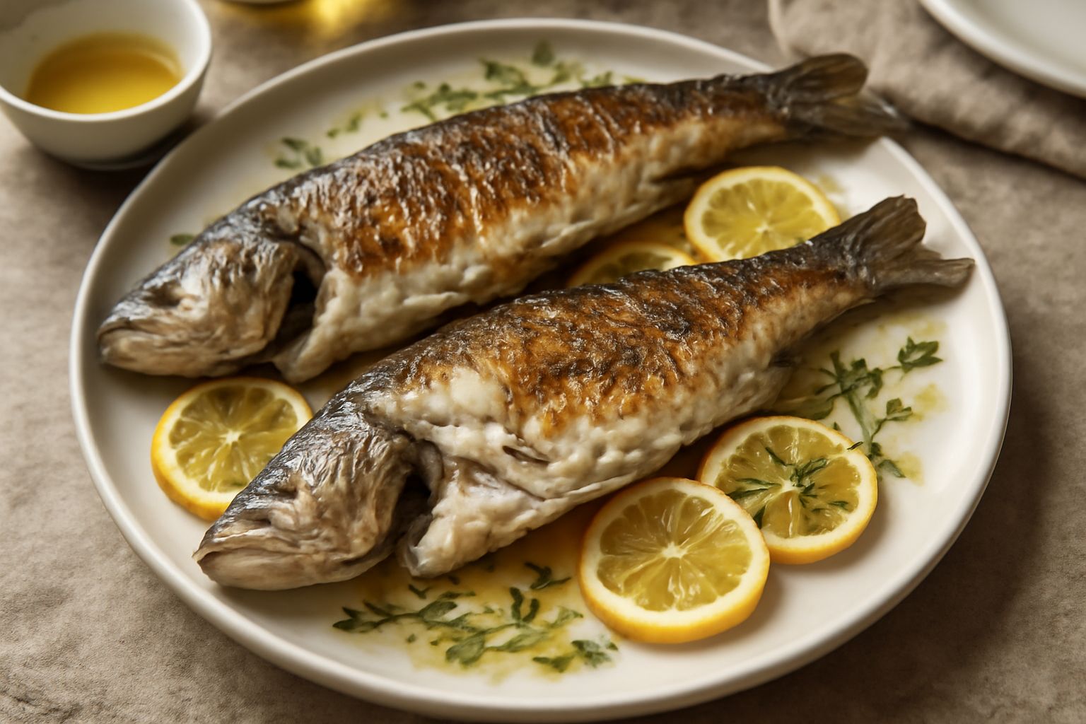 Tre persici interi al forno, dorati e croccanti sulla pelle, disposti su un piatto bianco con contorno di limone affettato, rametti di prezzemolo fresco e gocce d'olio d'oliva
