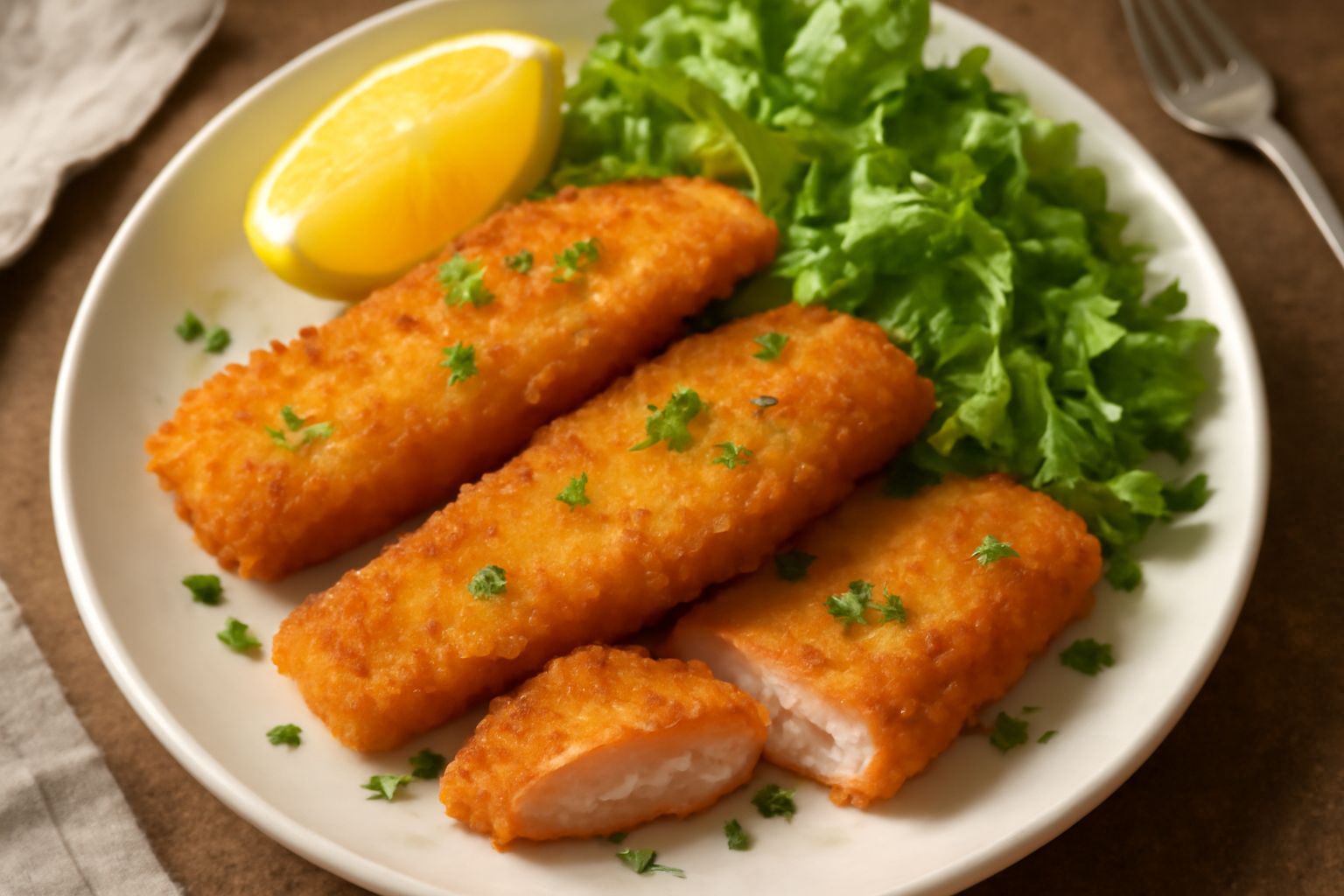 Persici fritti dorati e croccanti disposti su un piatto bianco con limone affettato e prezzemolo fresco, olio dorato visibile sulla superficie