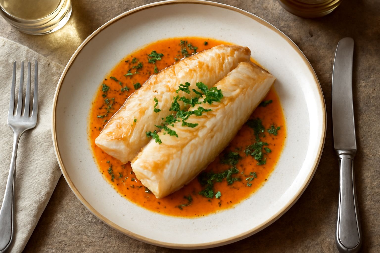 Filetti di pesce persico affumicato color ambra dorato su un tagliere di legno, contornati da fette di limone fresco e aneto verde, con alone di fumo appena percettibile