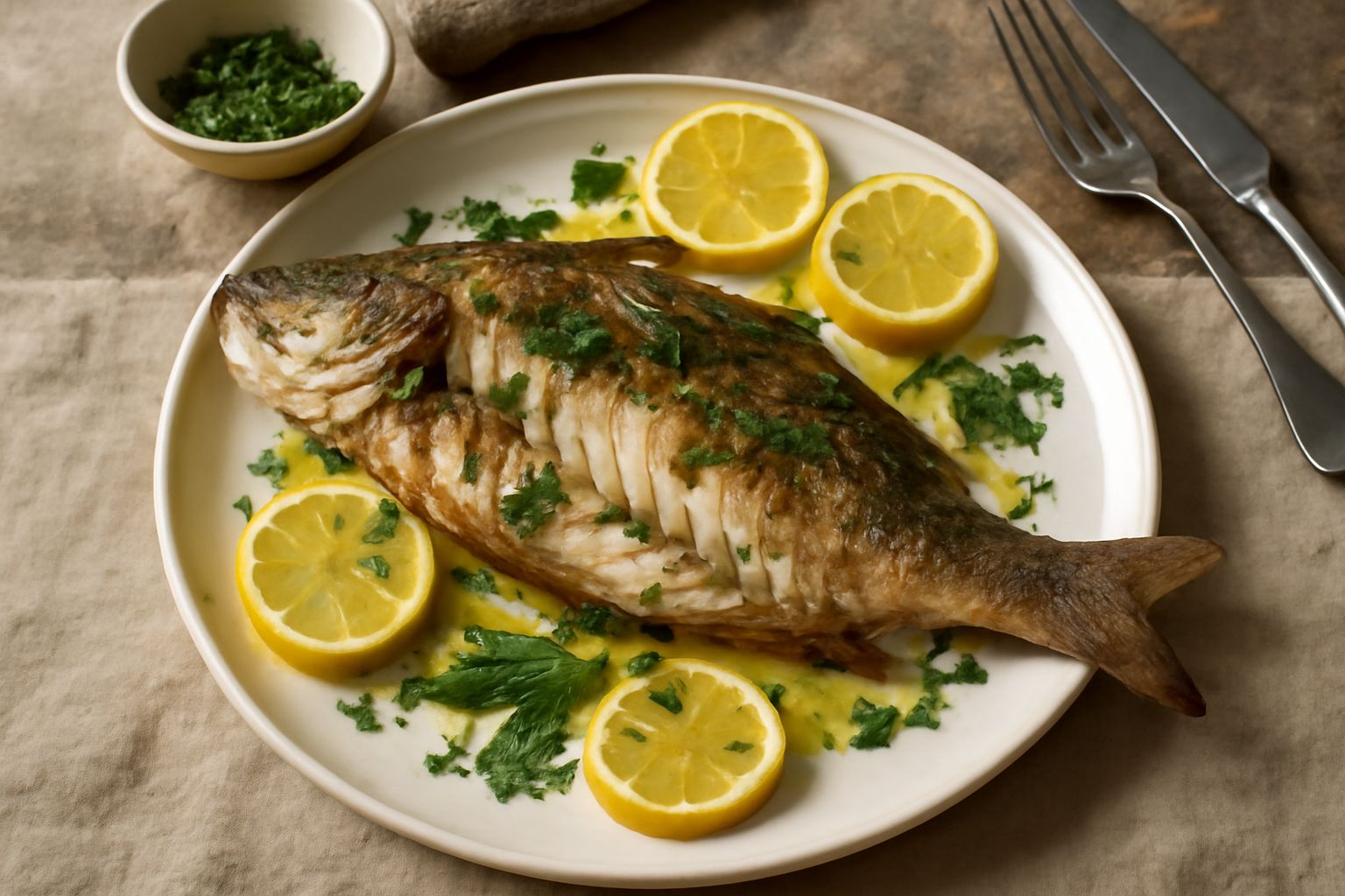 Un persico intero dorato al forno, impiattato su bianco con spicchi di limone fresco, prezzemolo tritato sparso in superficie, contorno di patate al forno leggermente abbrustolite ai lati del piatto