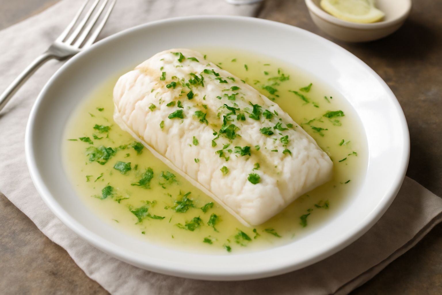 Filetto di persico bianco-avorio in salsa di vino bianco trasparente con gocce di burro dorato, spolverato di prezzemolo fresco verde, servito in piatto bianco fondo con contorno di verdure vapore
