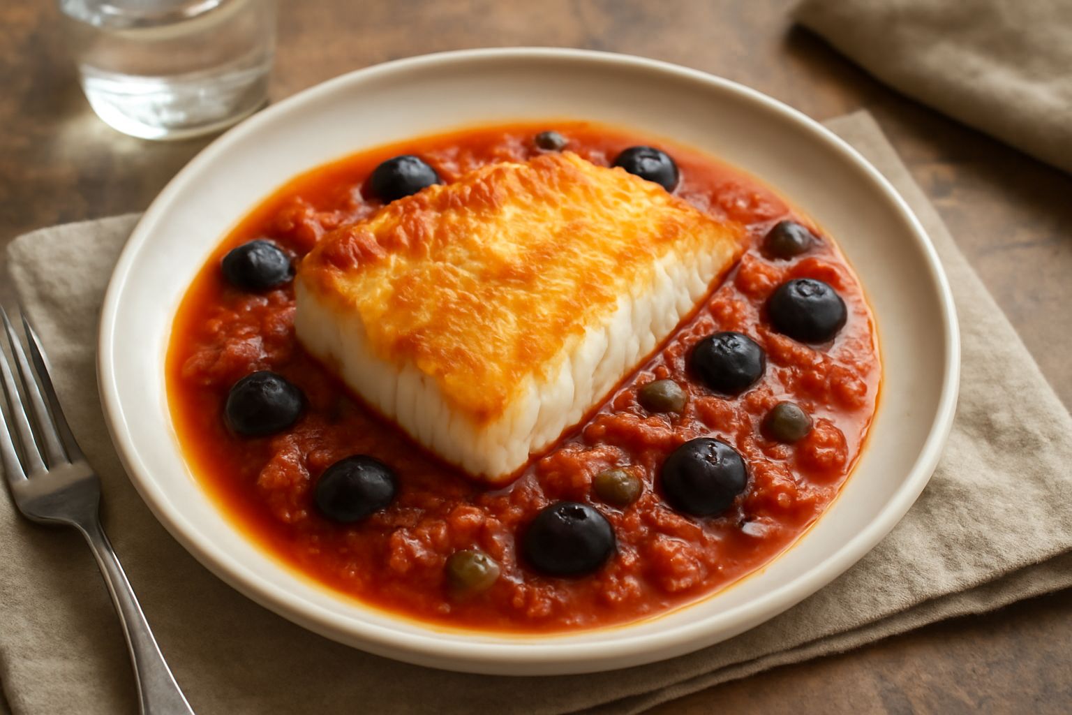 Filetto di persico dorato in un piatto bianco, condito con salsa di pomodoro rosso intenso, olive nere e capperi verdi, contorno di limone fresco, tavolo di legno naturale