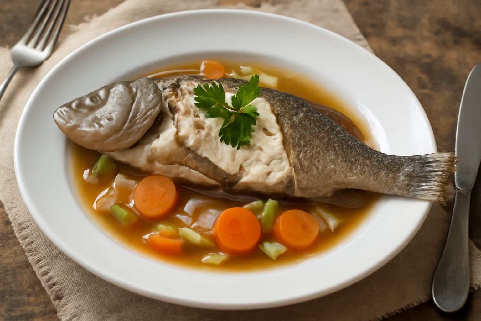 Persico intero dorato e cotto in umido, disposto nel piatto bianco con contorno di verdure sfumate, cipolla trasparente e sedano tenero, brodo leggero che bagna il pesce, foglia di prezzemolo fresco s