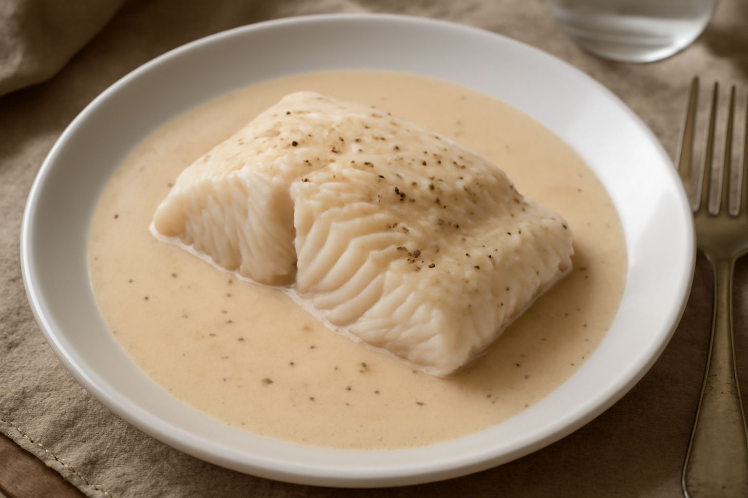 Filetto di persico bianchissimo in salsa cremosa beige, guarnito con prezzemolo fresco verde e gocce di brodo trasparente, servito in piatto bianco con contorno di spinaci scuri