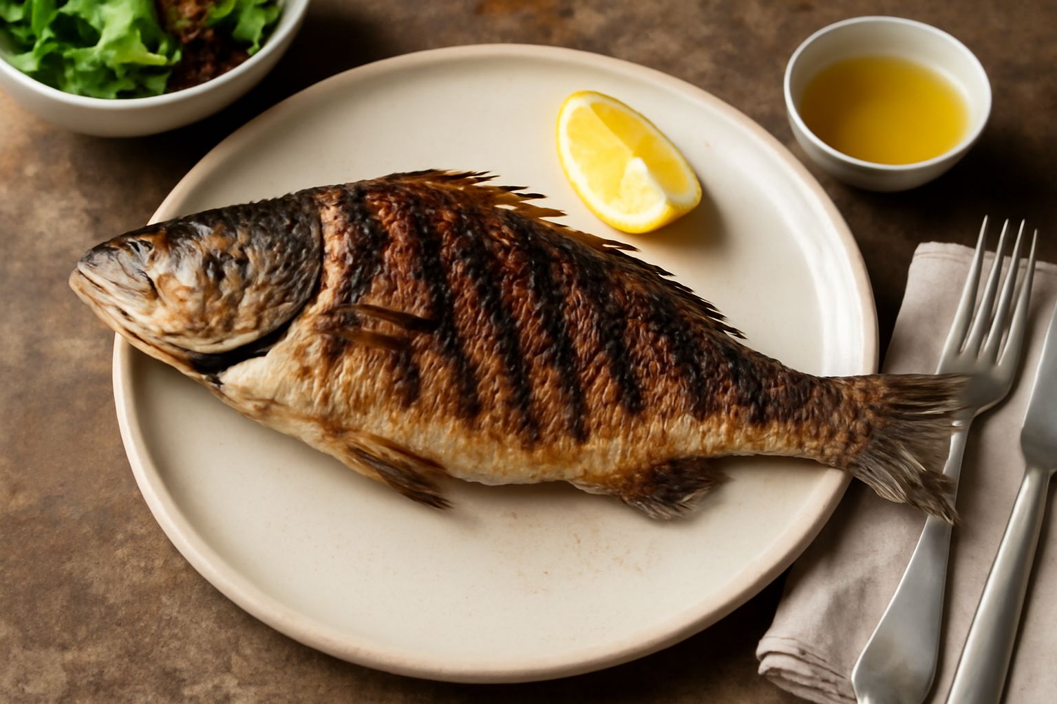 Persico intero croccante sulla griglia, con pelle dorata e leggermente affumicata, guarnito con fette di limone, rametti di prezzemolo e rosmarino, disposto su un piatto bianco con contorno di rucola